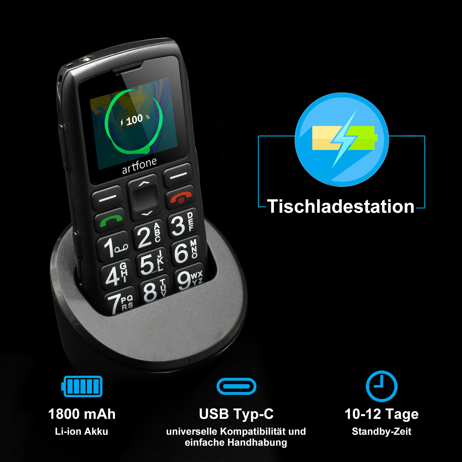 Schwarzes Basis-Mobiltelefon mit Ladestation, das den Batteriestatus anzeigt.