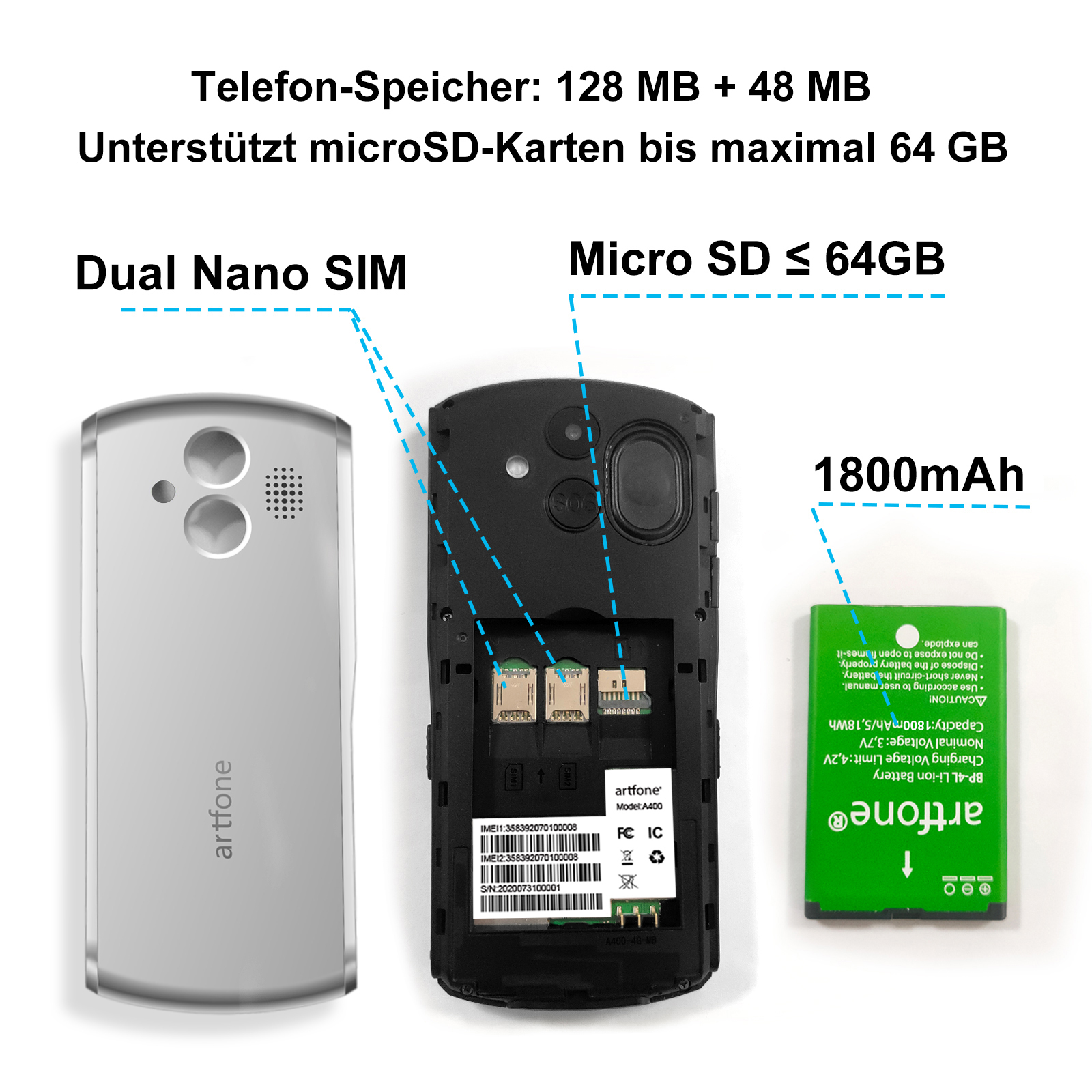 Telefono con slot dual SIM, slot Micro SD e batteria. Il testo indica la memoria e la capacità della batteria.