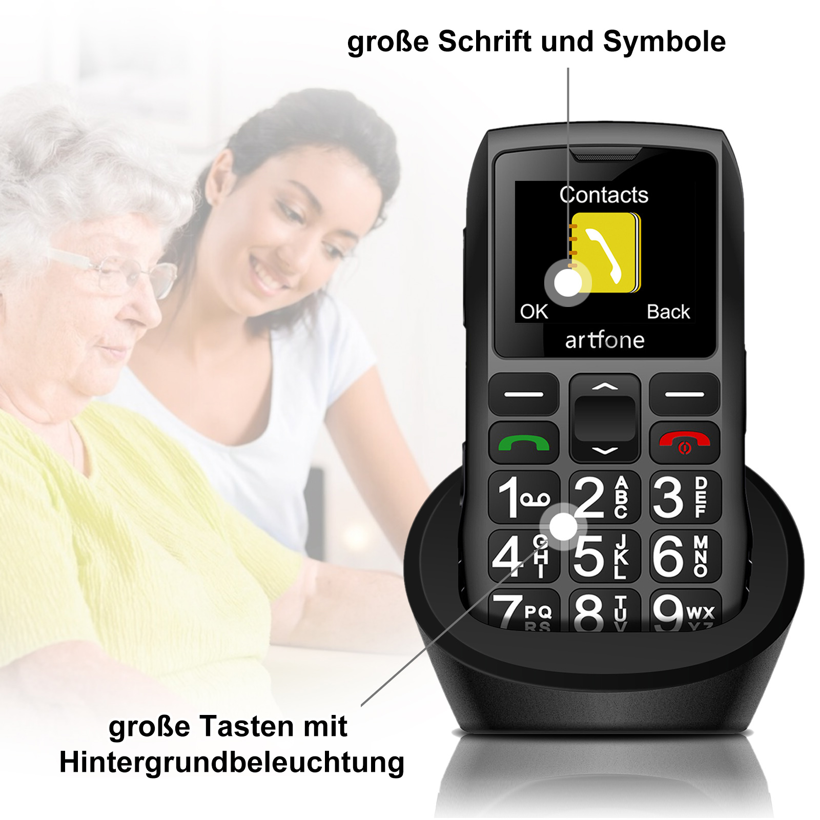 Seniorenfreundliches Telefon mit großen Tasten und Display, Frau im Hintergrund.