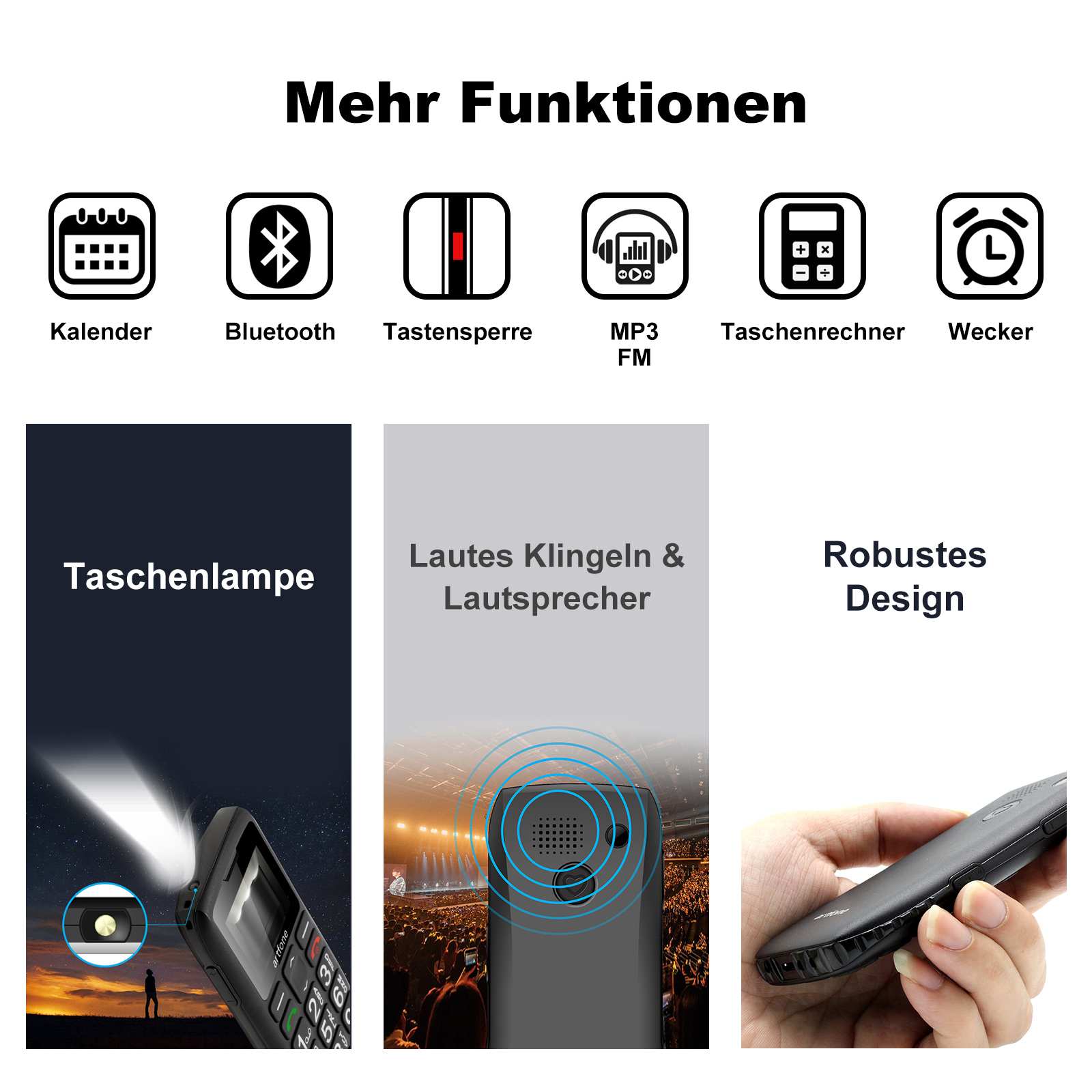 Ein Mobiltelefon mit Symbolen für Kalender, Bluetooth, Sperre, MP3, Rechner und Wecker.