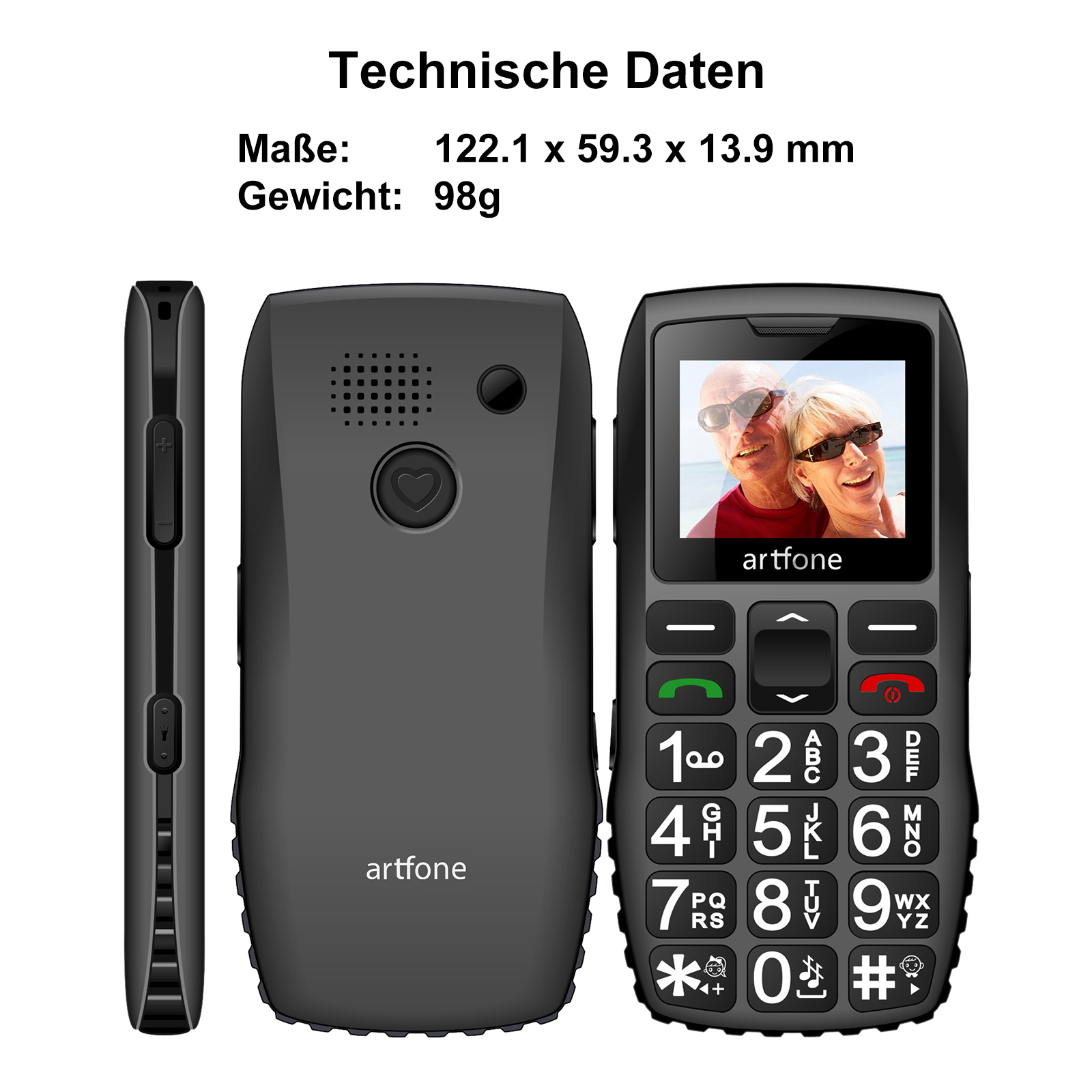 Ein schwarzes artfone Mobiltelefon. Es hat große Tasten. Technische Daten werden angezeigt.