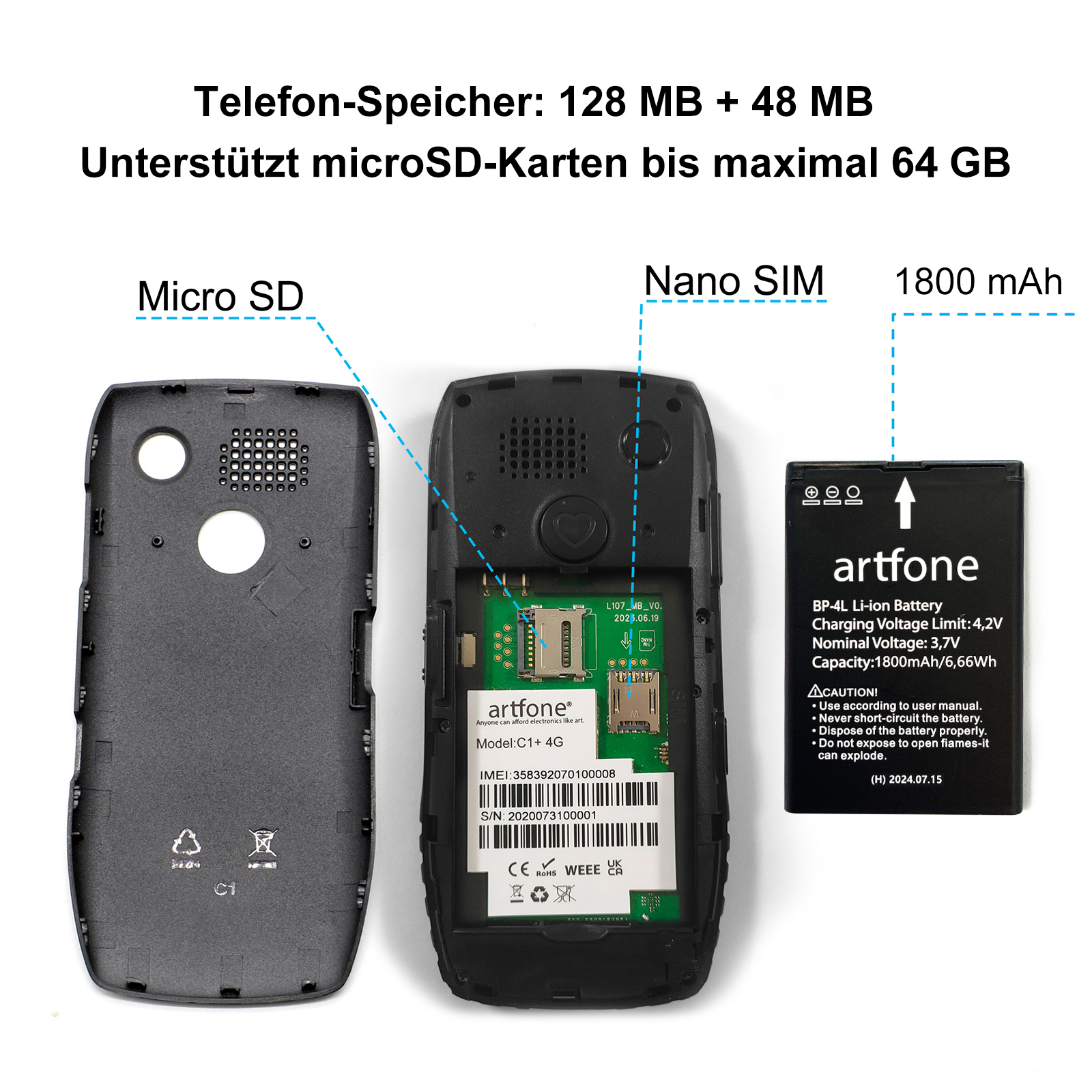Geöffnetes Telefon zeigt Innenteile, Akku und Micro-SD/Nano-SIM-Steckplätze. Textbeschriftungen.