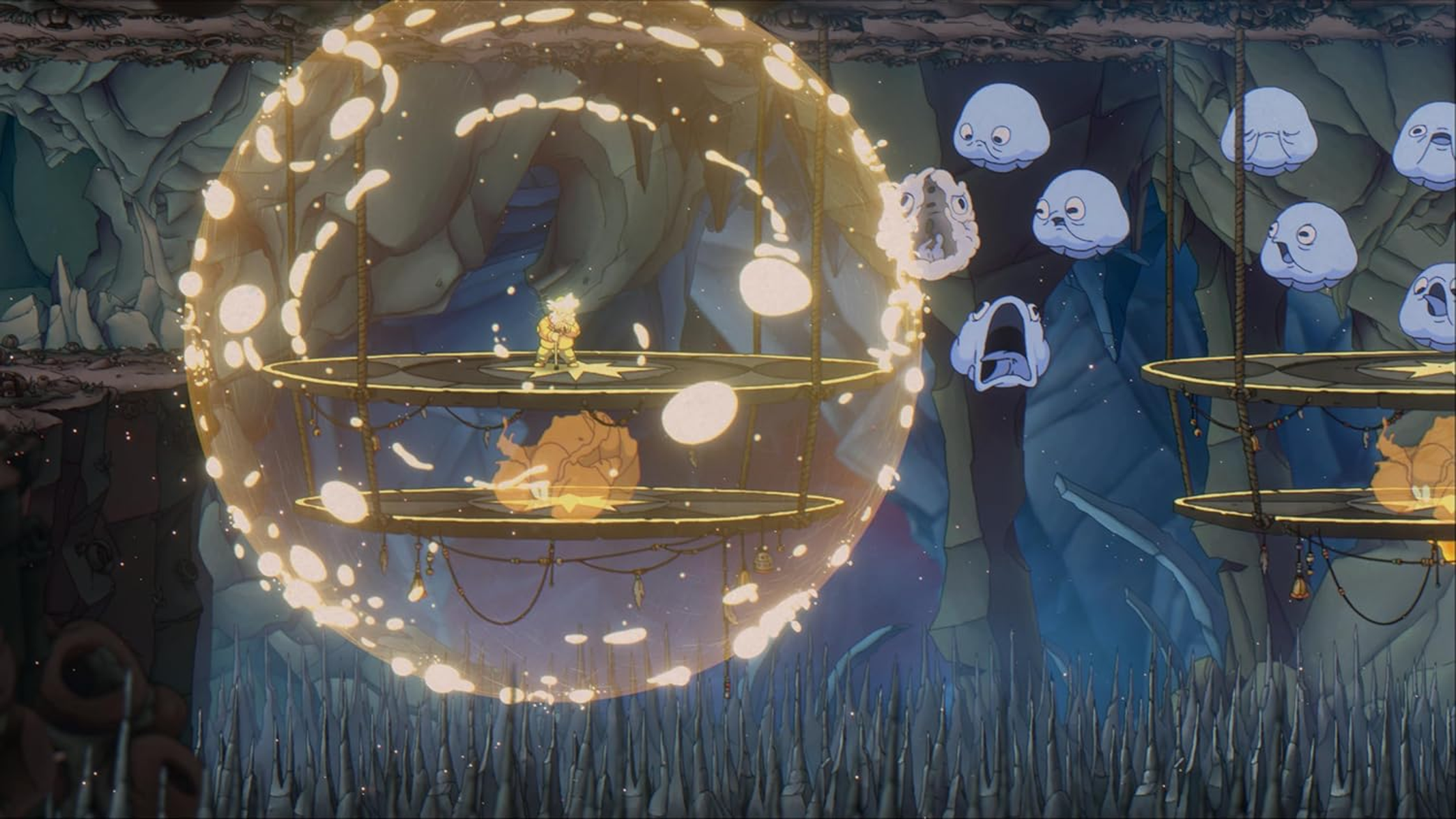 Animowana scena z wojownikiem w świecącej sferze, walczącym z unoszącymi się stworzeniami.