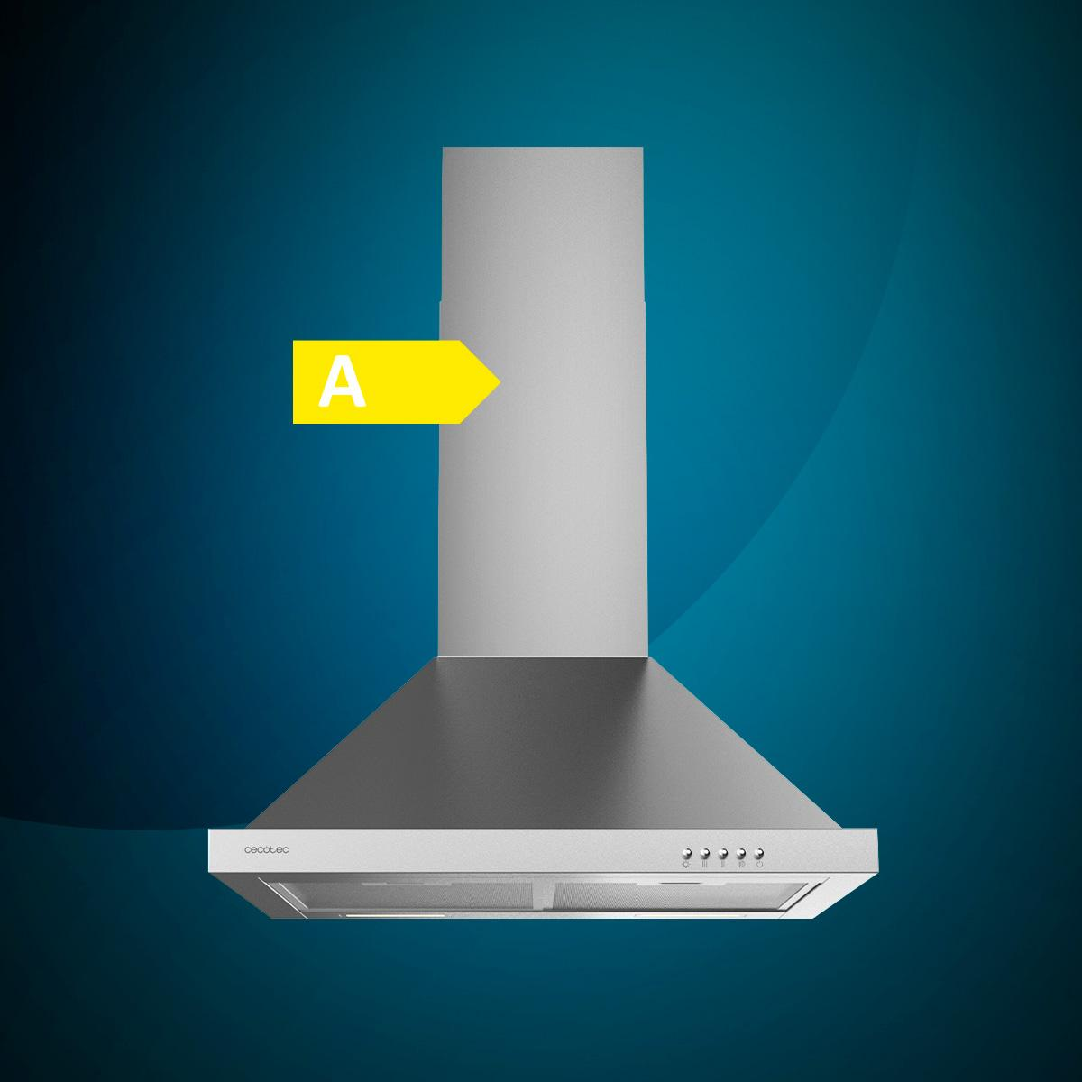 Campana de cocina plateada con clasificación energética A. Fondo azul con gradiente.
