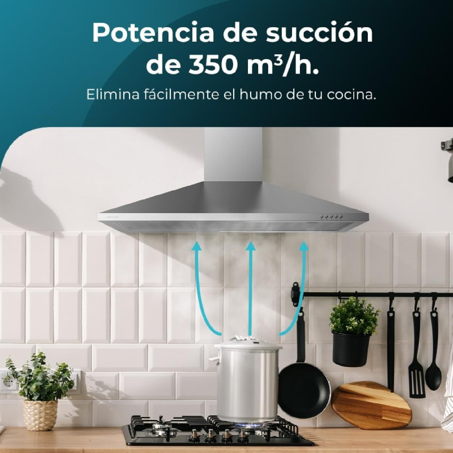 Campana extractora con texto en español. Una olla está en una estufa, con flechas que muestran el flujo de aire.