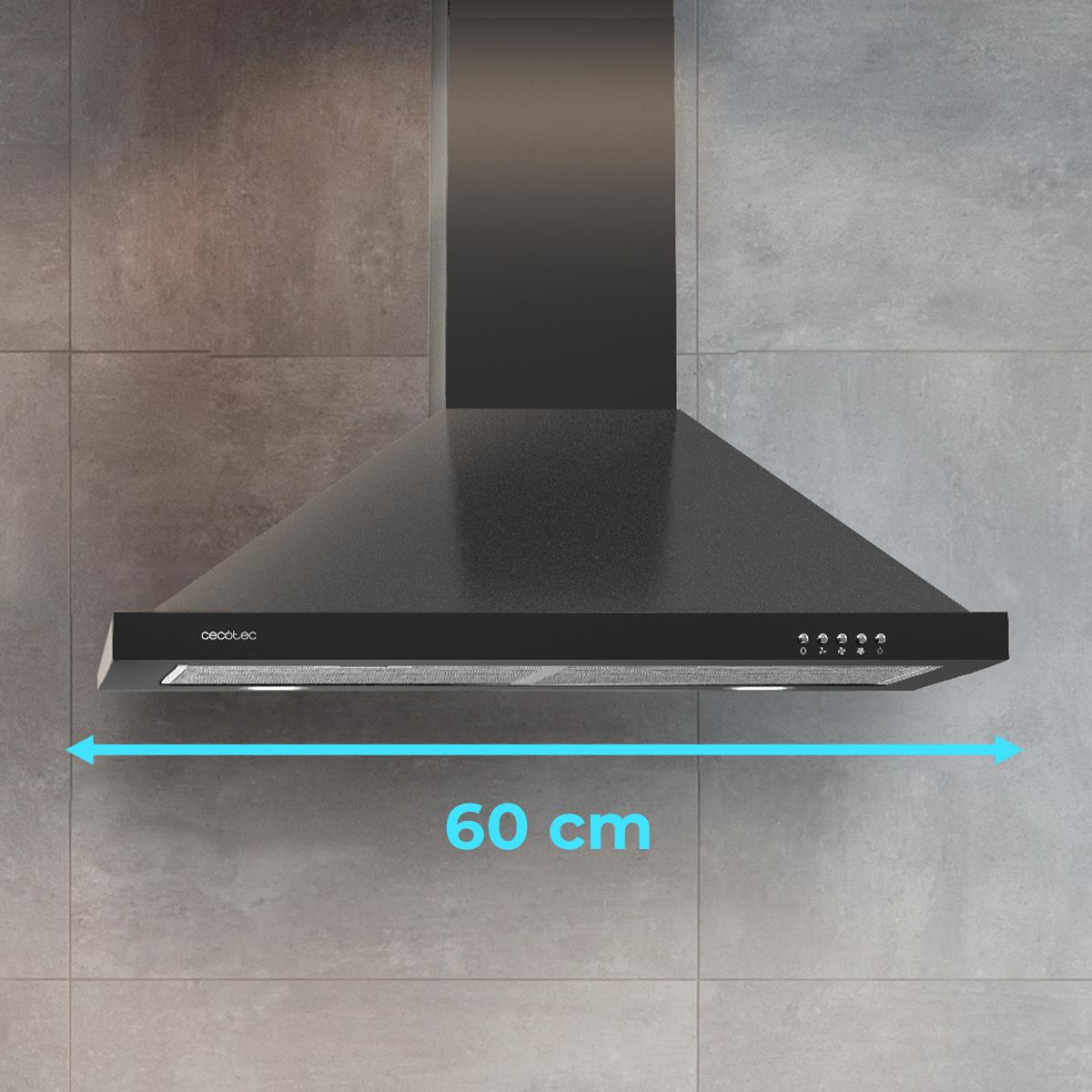 Cappa nera su piastrelle grigie, larga 60 cm, con comandi.