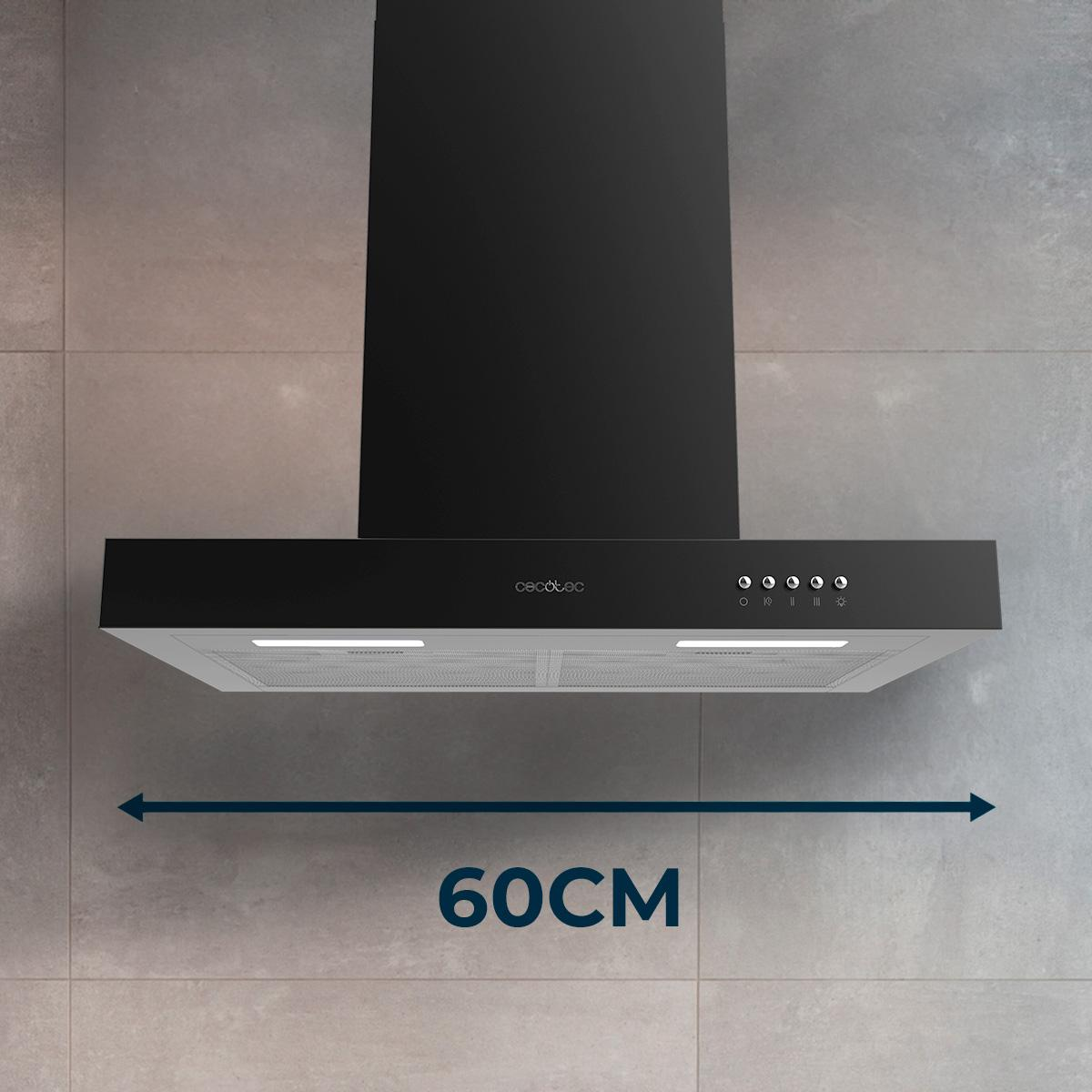 Campana extractora negra con parte inferior plateada. La palabra '60CM' está escrita en la pared debajo.