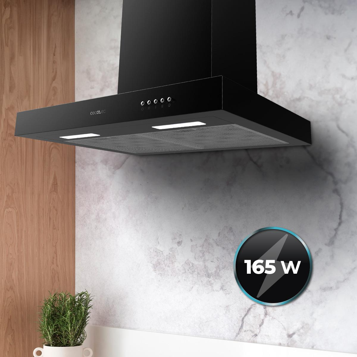 Campana extractora negra con luces, sobre una encimera. Pegatina muestra 165W.