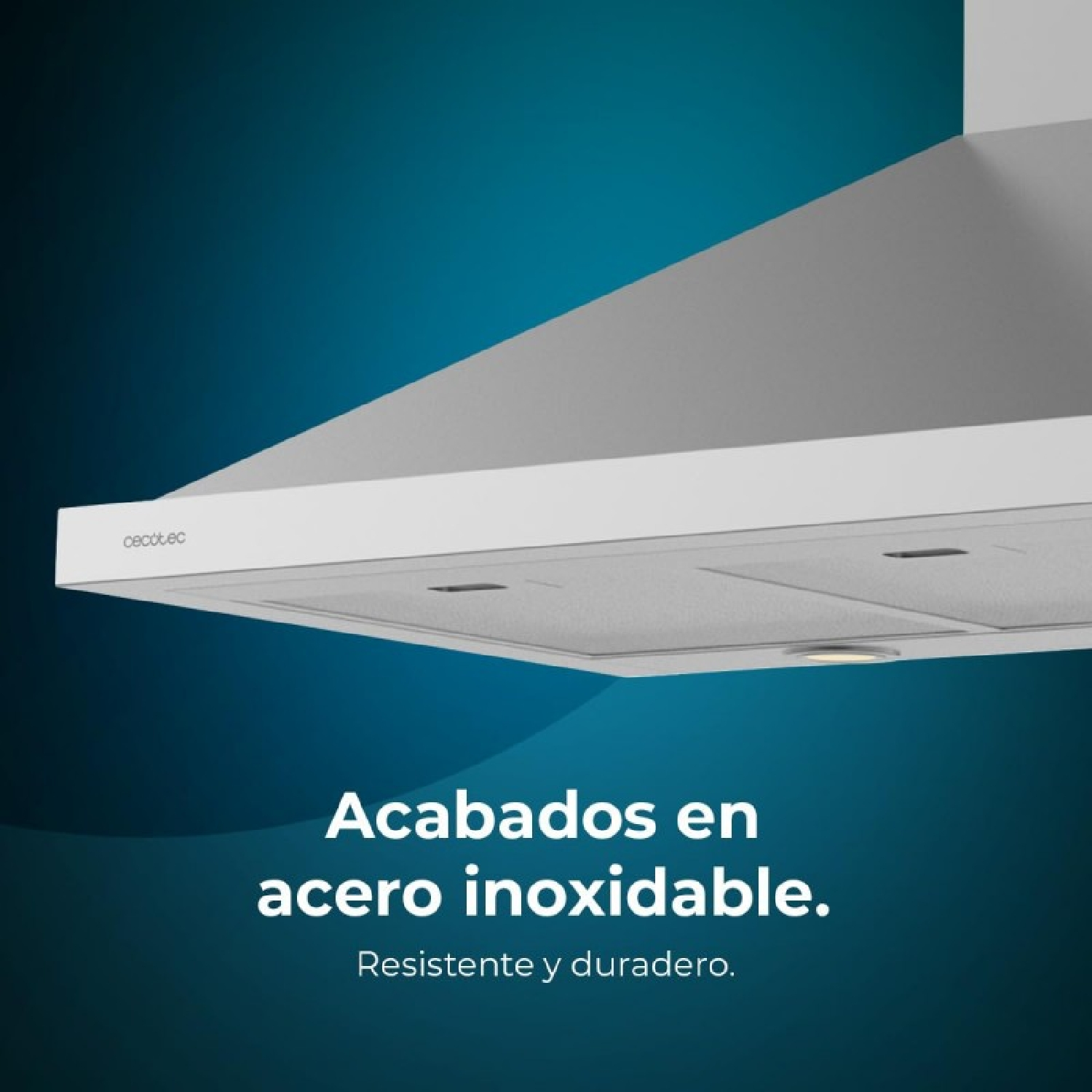 Campana extractora blanca con el texto 'Acabados en acero inoxidable. Resistente y duradero'.