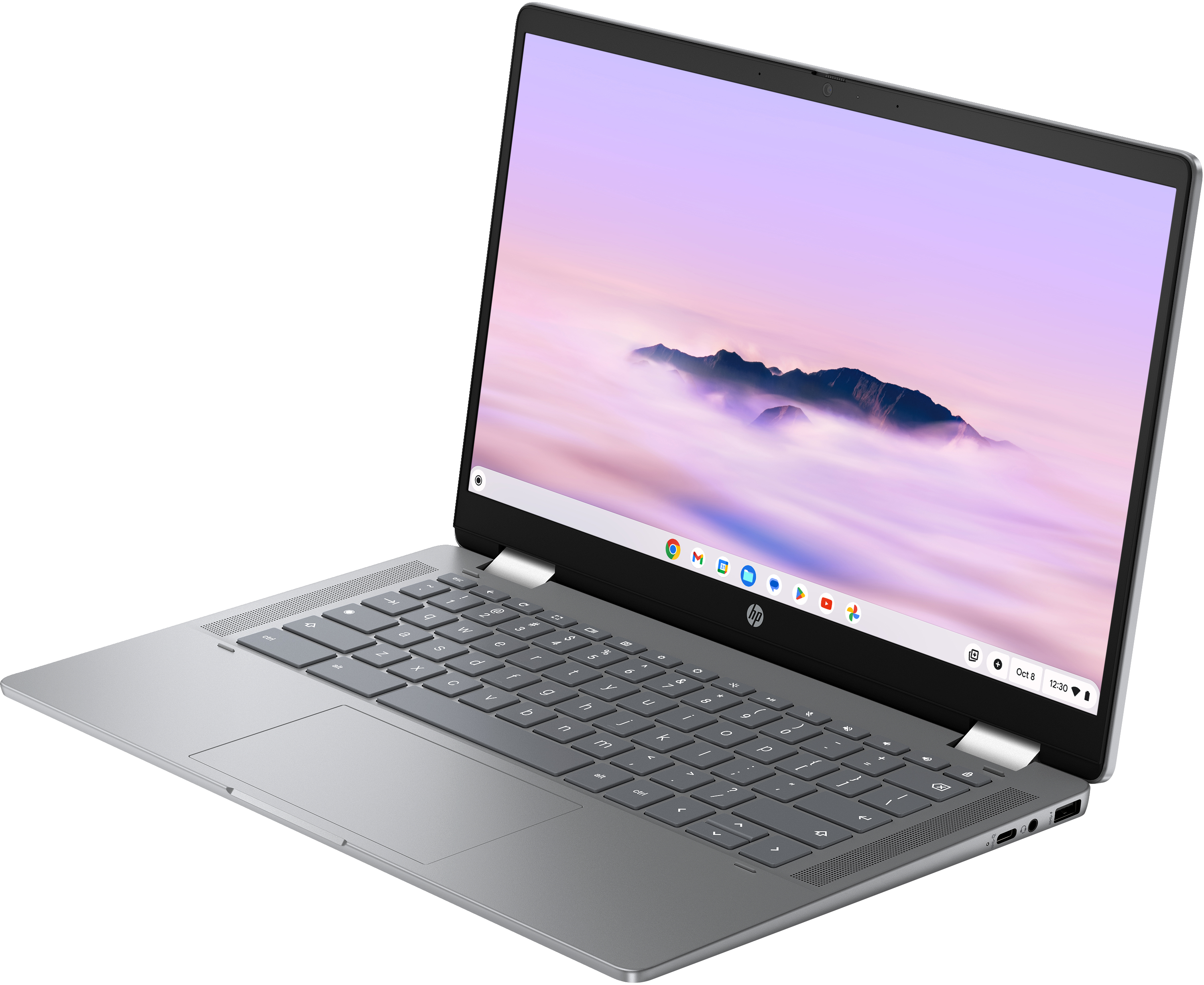 Laptop argentato, aperto. Chrome OS sullo schermo. Isolato su bianco. Logo HP.