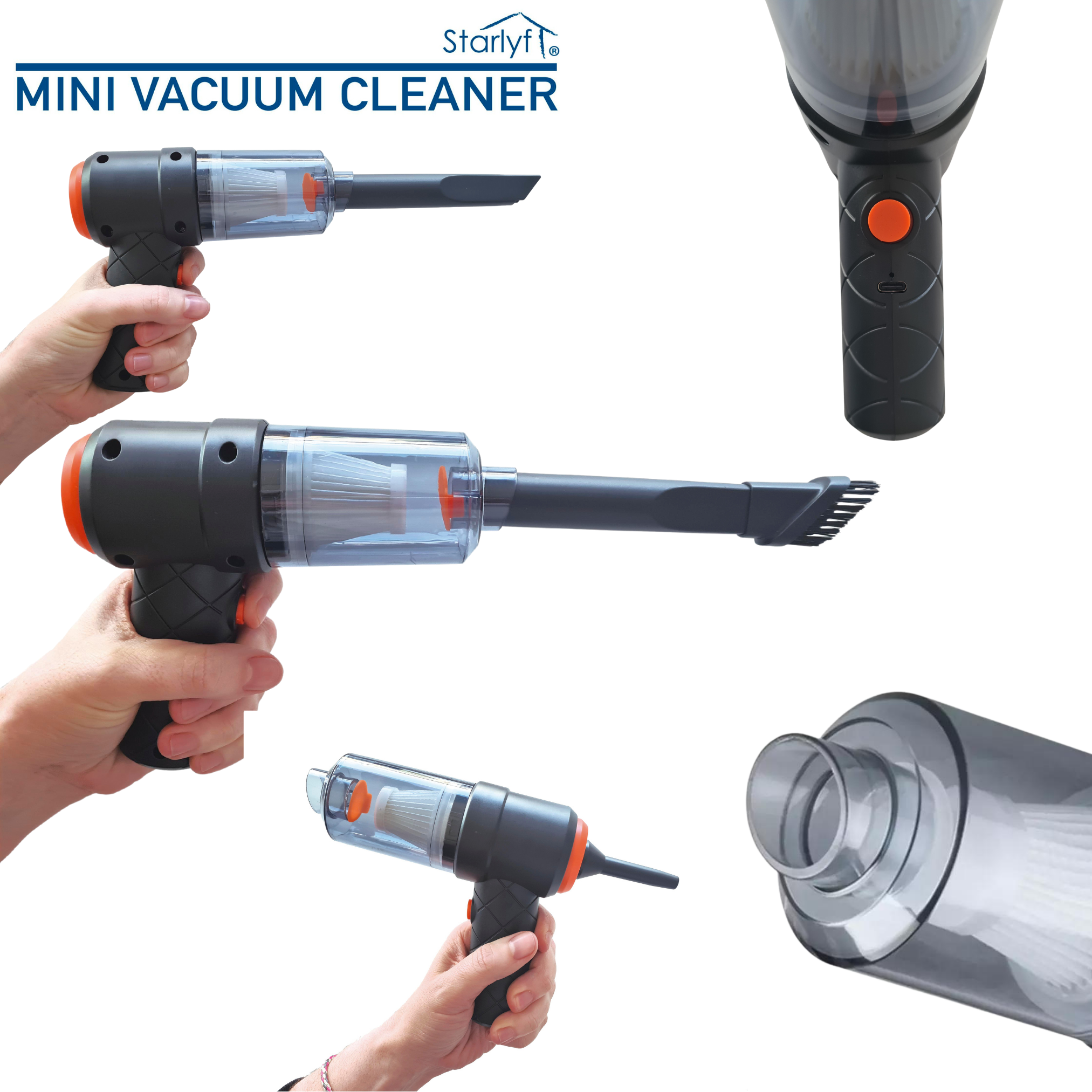 Ein Mini-Staubsauger im Einsatz. Verschiedene Ansichten zeigen das Produkt und seine Teile.