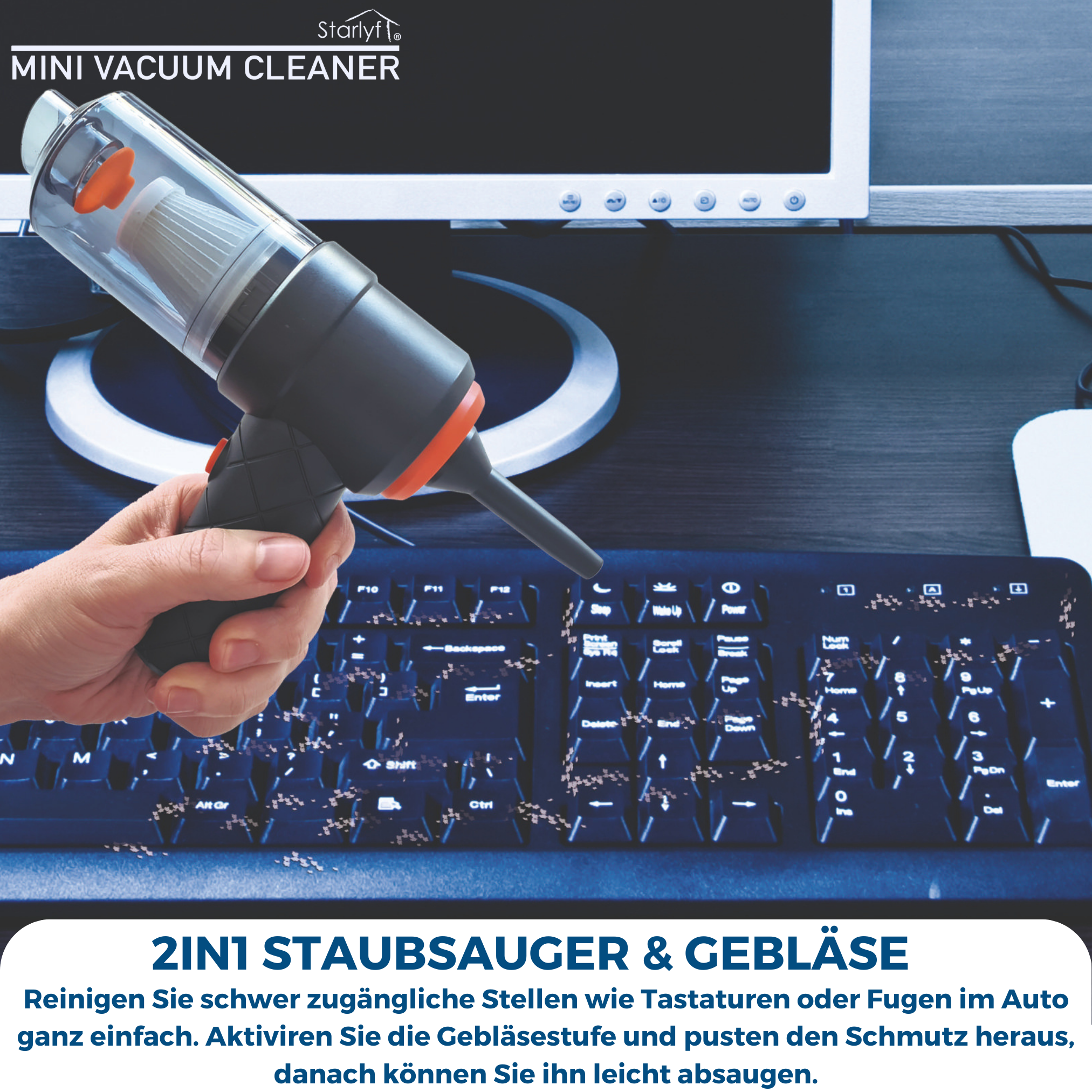 Hand, die einen Mini-Staubsauger über einer Tastatur hält, mit Text zur Produktwerbung.