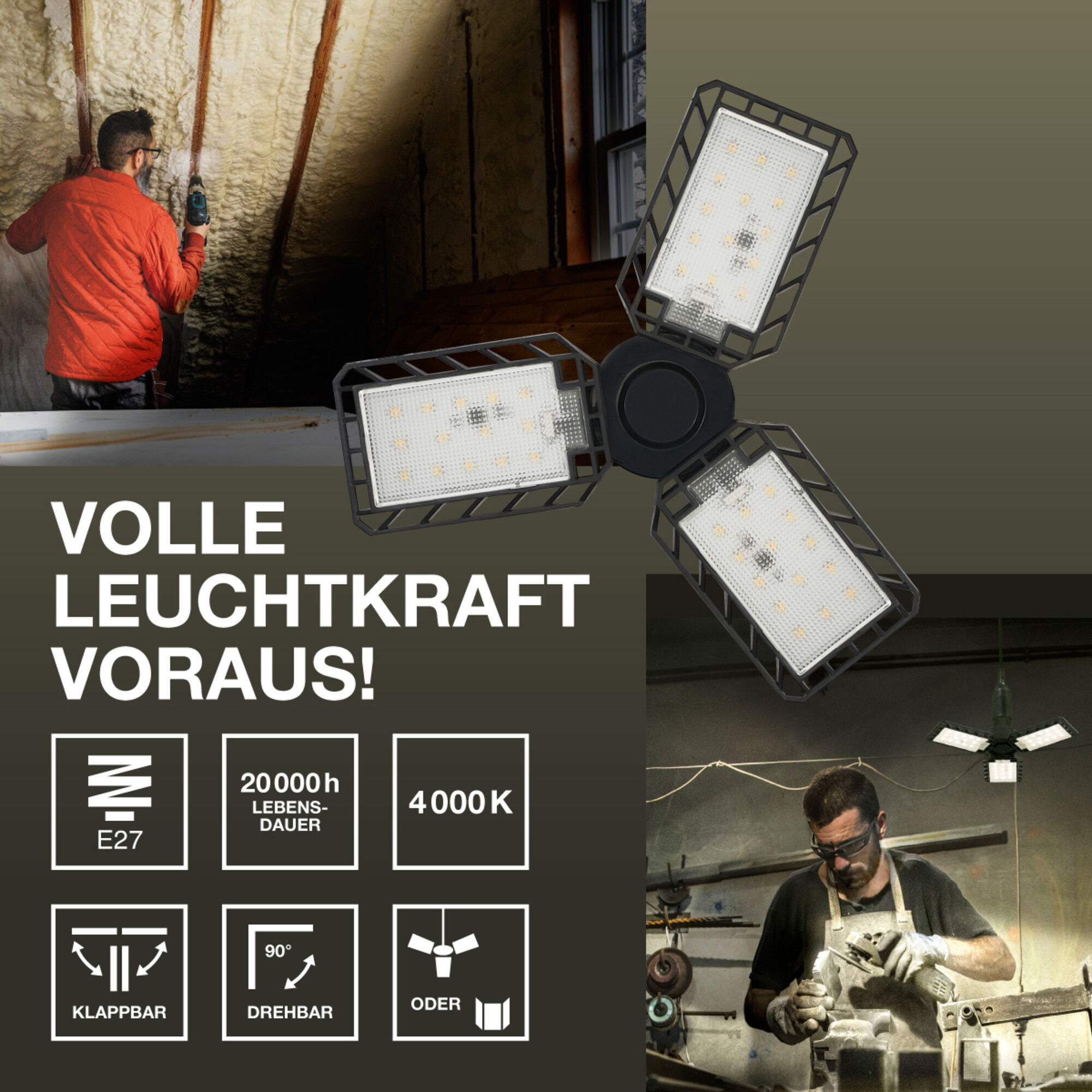 LED-Leuchte mit drei Armen, schwarzer Rahmen. Text: E27, 20000h Lebensdauer, 4000K. Personen im Hintergrund arbeiten.