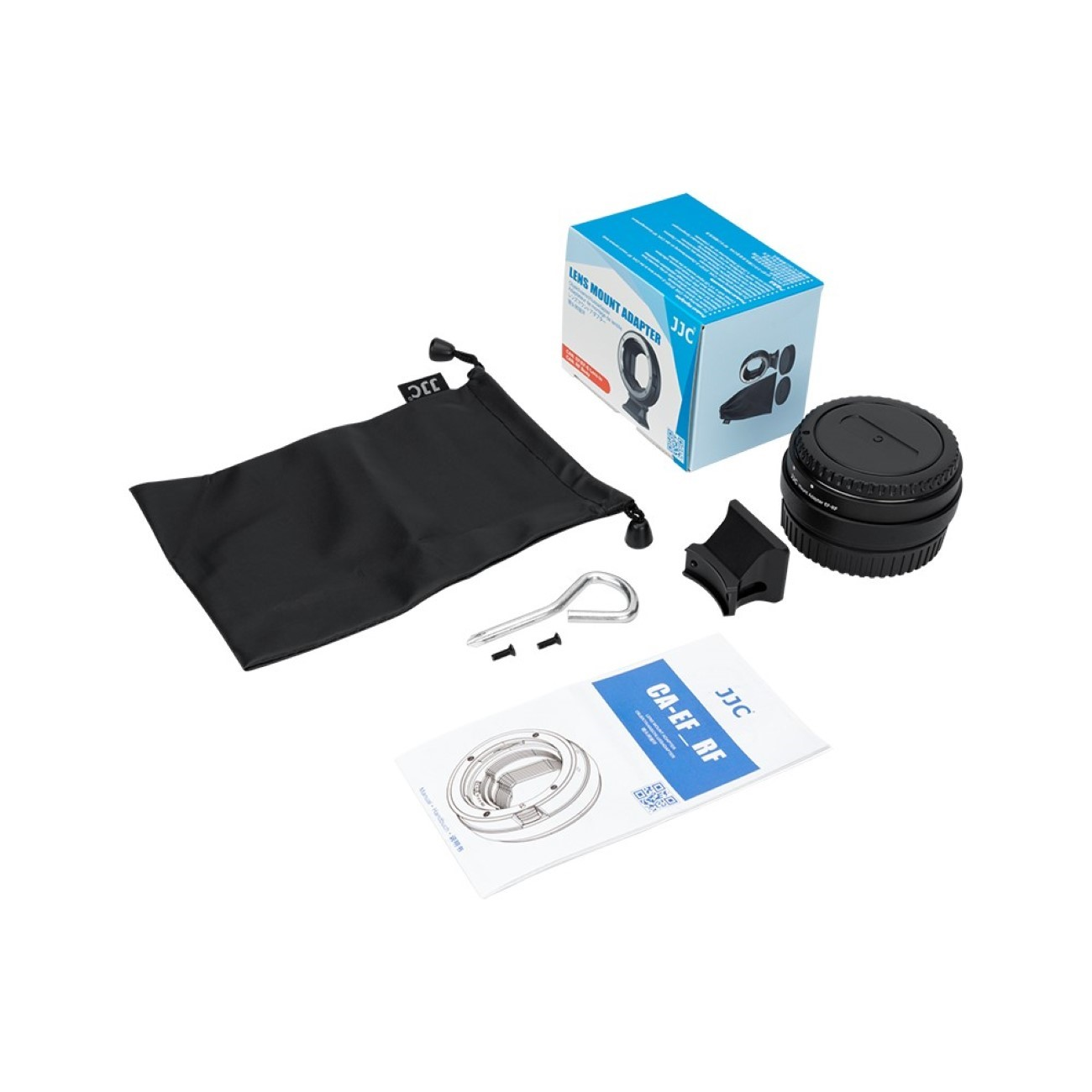 Kameraobjektiv-Kit mit Objektiv, Tasche, Adapter und Box auf weißem Grund.
