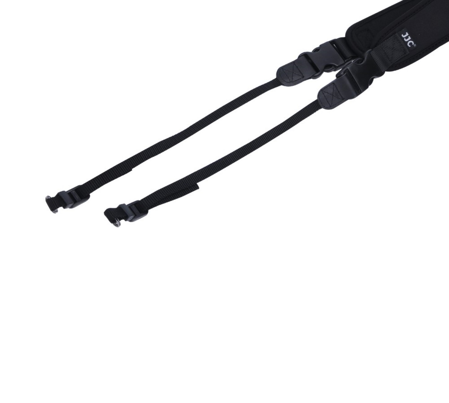 Kameragurt mit schwarzen Gurten und Clips. Das JJC-Logo ist sichtbar.