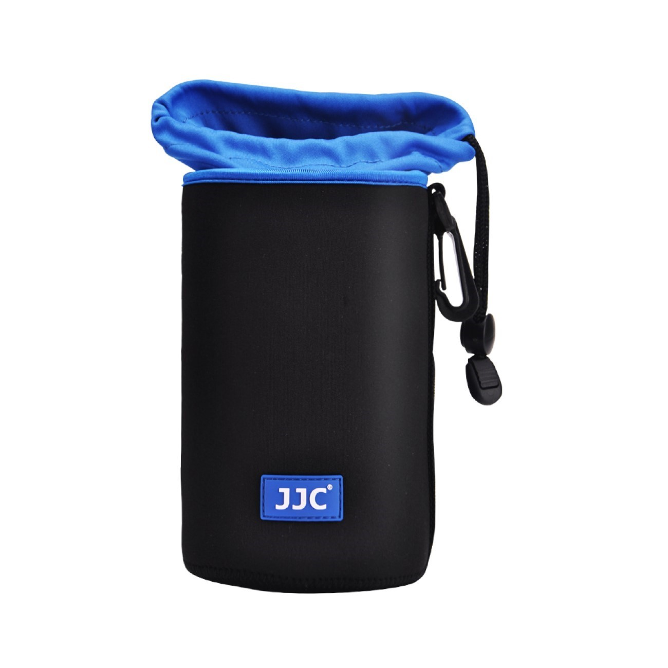 Schwarze und blaue Kameratasche mit weißem JJC-Etikett und Karabiner.