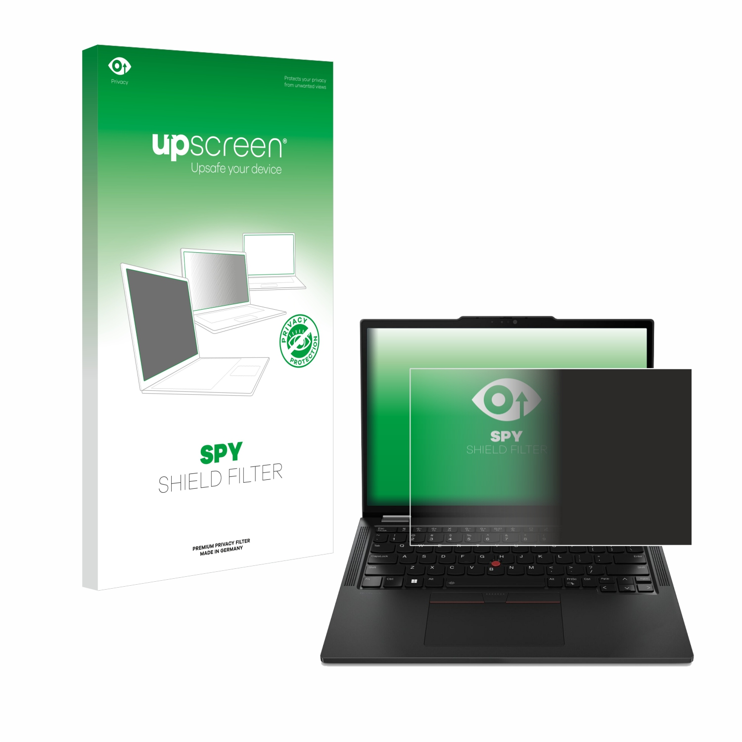 Ein Laptop mit einem Blickschutzfilter und Verpackung, schwarz und grün, der den Blickschutzfilter zeigt.