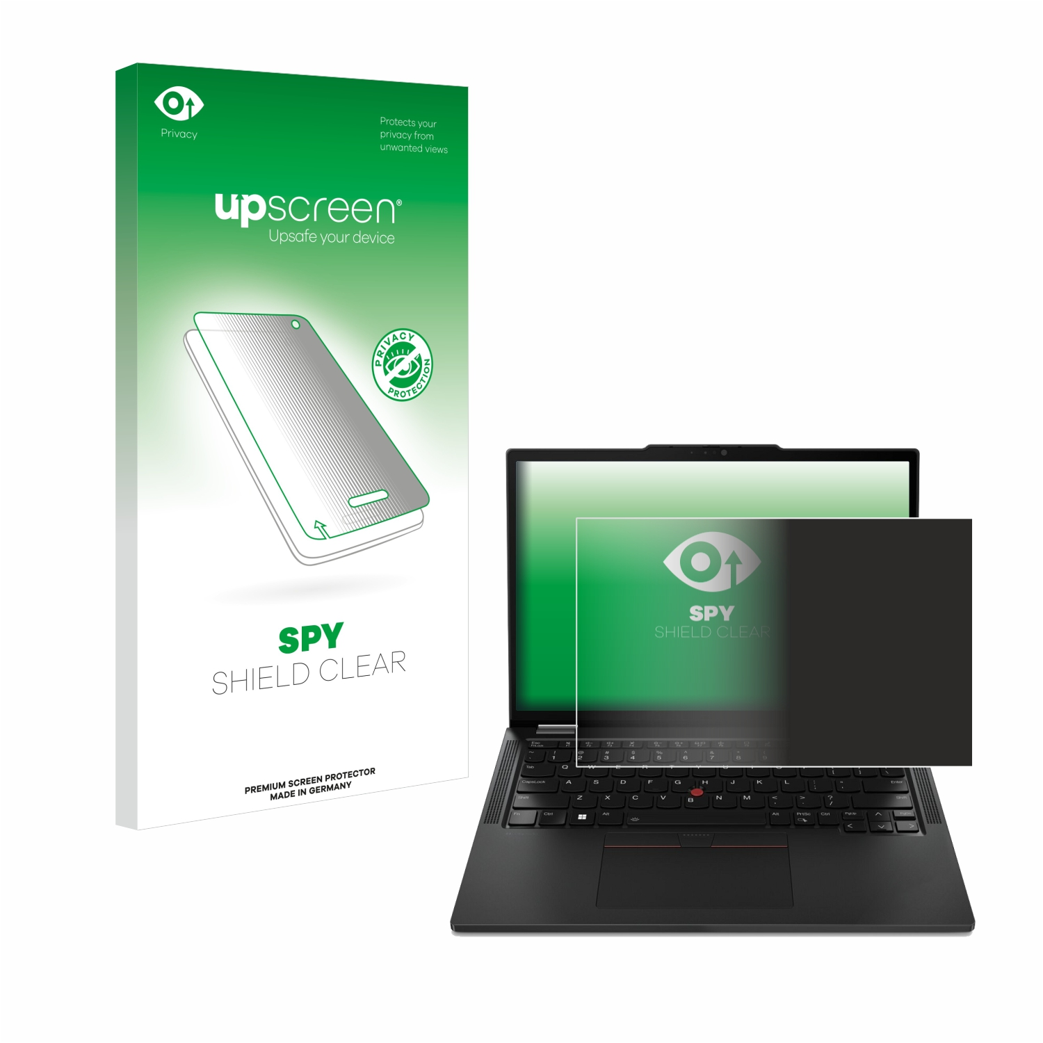 Ein Laptop mit Displayschutzfolie und eine Box mit dem Markennamen 'upscreen' auf weißem Hintergrund.