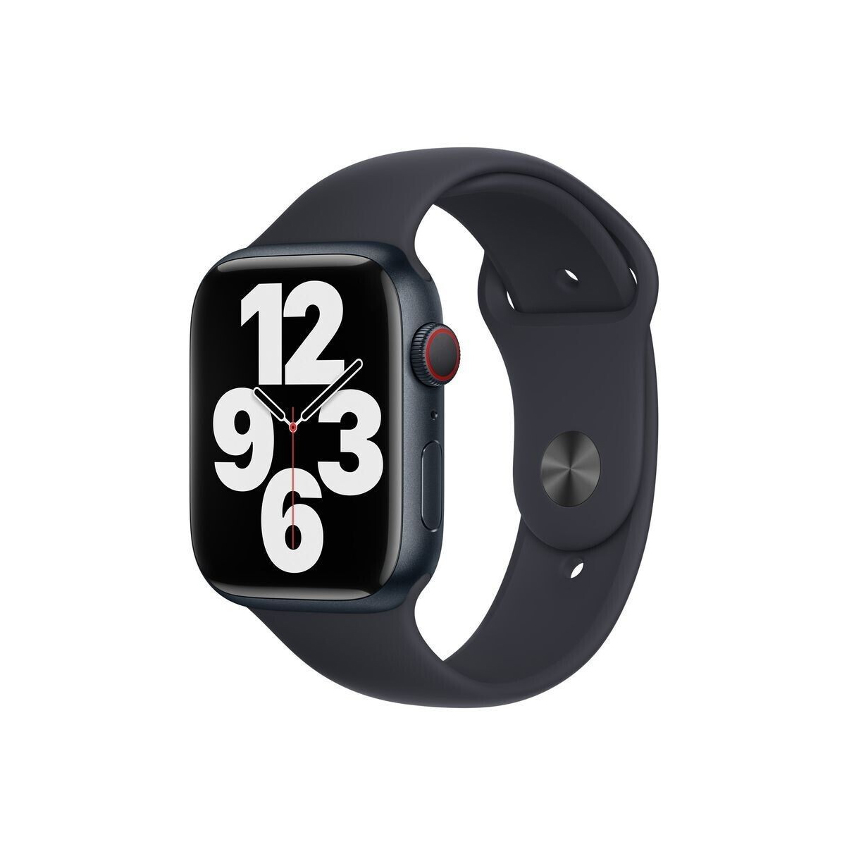 Czarny smartwatch z granatowym paskiem, wyświetlający godzinę. Białe cyfry na tarczy.
