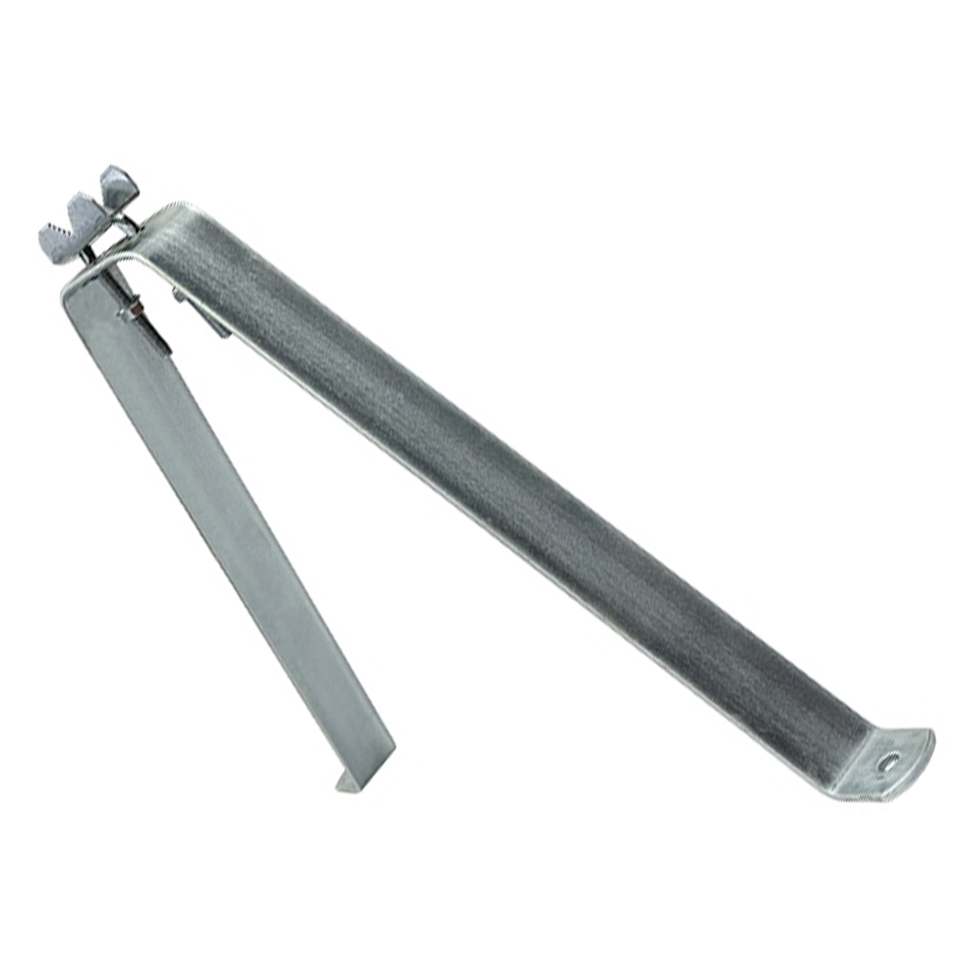 Eine silberne Metallhalterung, möglicherweise zur Unterstützung eines Regals, mit einfachem Design.