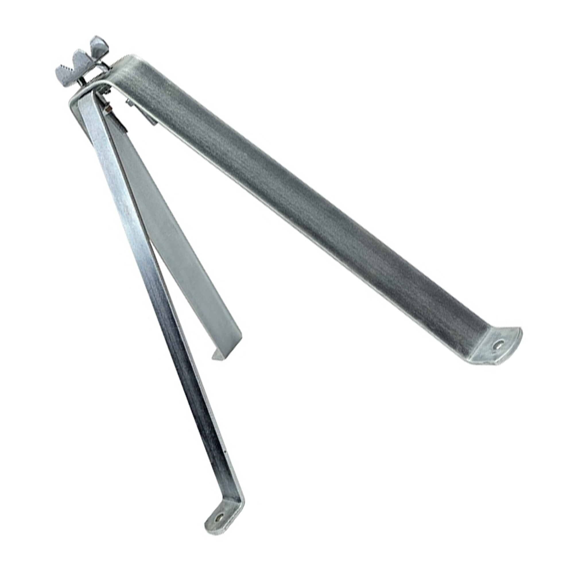 Ein Metallwerkzeug mit zwei abgewinkelten Armen und einem Griff. Es ist geöffnet und zeigt den inneren, abgewinkelten Teil.