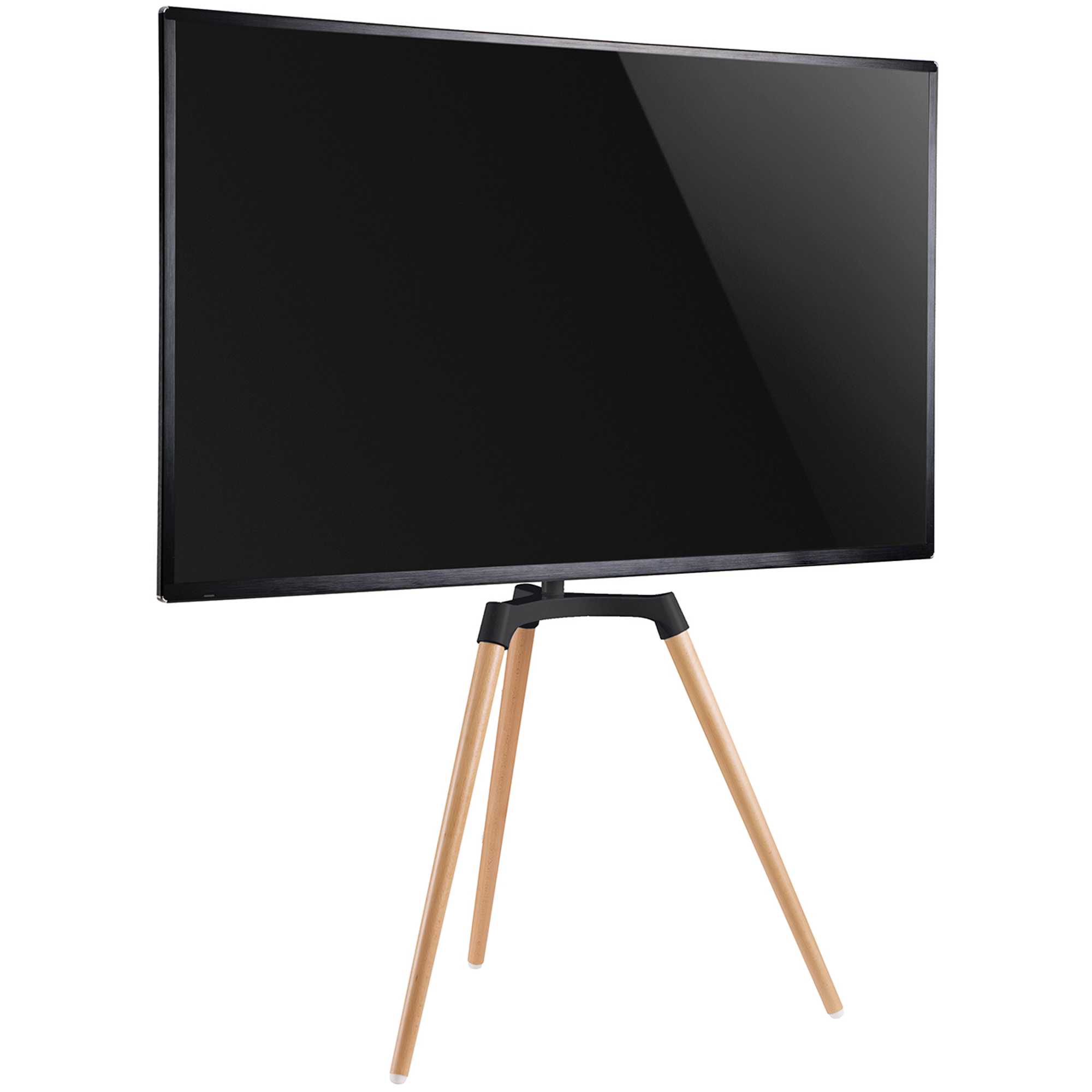 Fernseher auf Holzstativ, schwarzer Bildschirm.