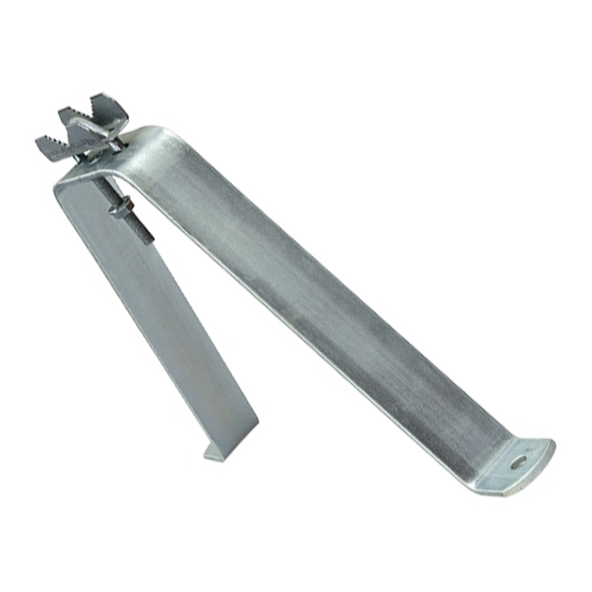 Eine silberne Metall-Regalhalterung mit Schraube und Flügelmutter, vor weißem Hintergrund.