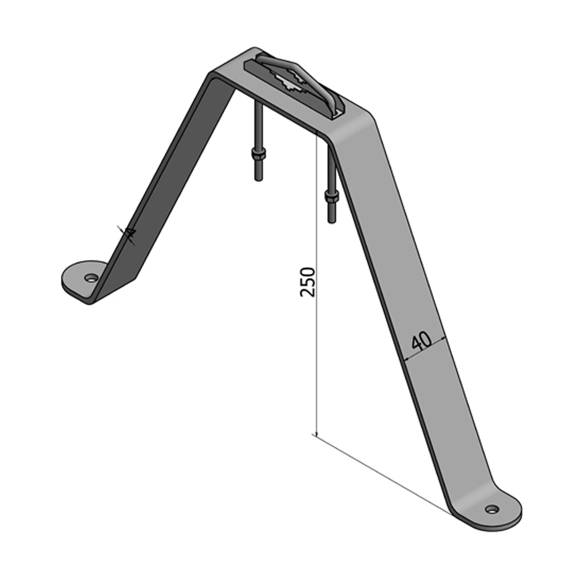Graue Metallhalterung mit Griff und Befestigungslöchern, mit Abmessungen gekennzeichnet.