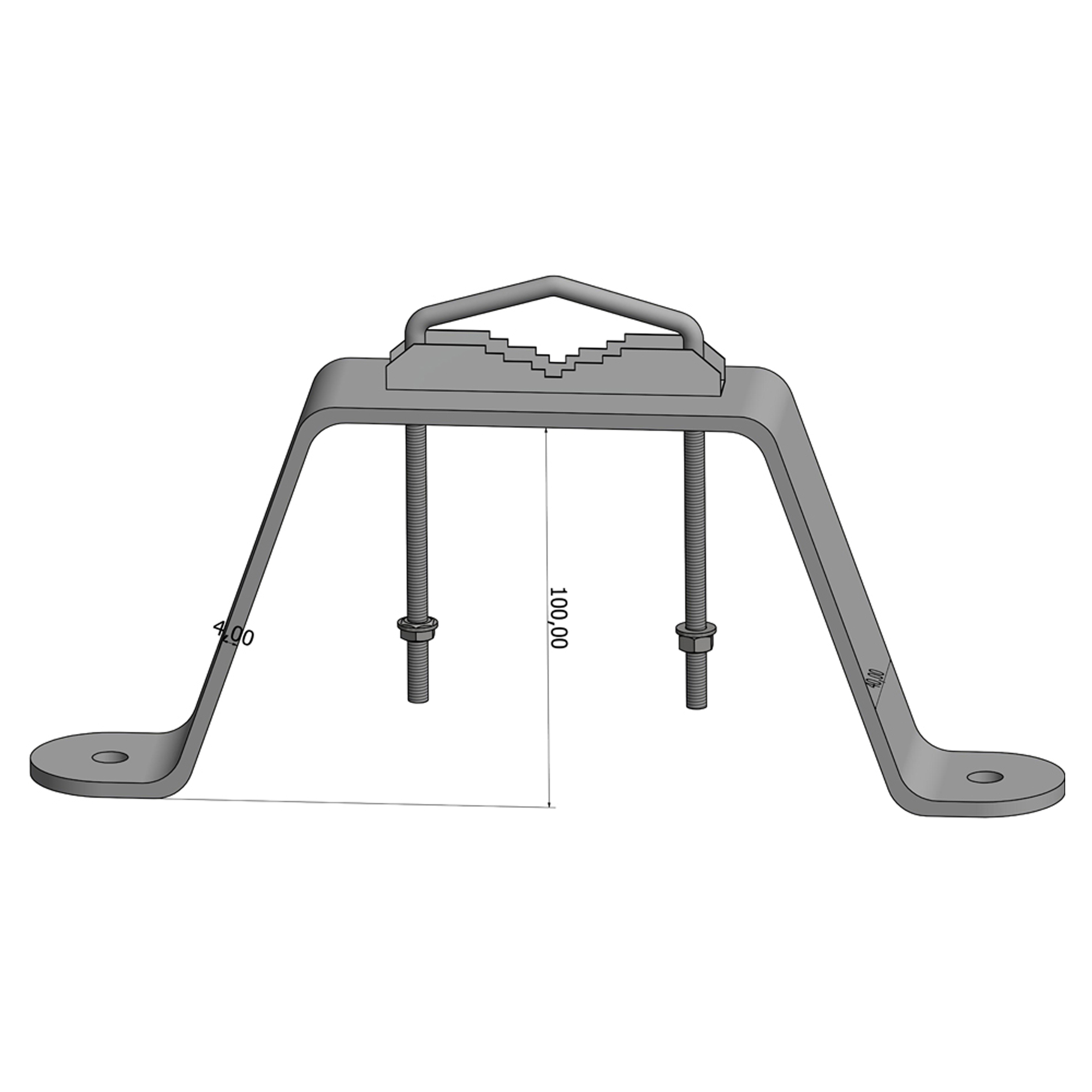 Metallhalterung mit zwei Schraubenlöchern und Griff, mit Maßangaben.