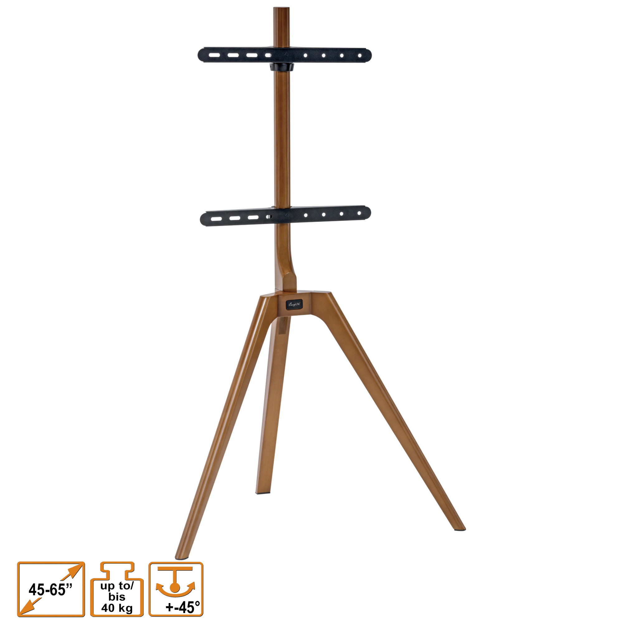 Ein TV-Ständer aus Holz mit geschwungenem Design. Der Ständer hat zwei schwarze Montagehalterungen und einen Holzsockel.