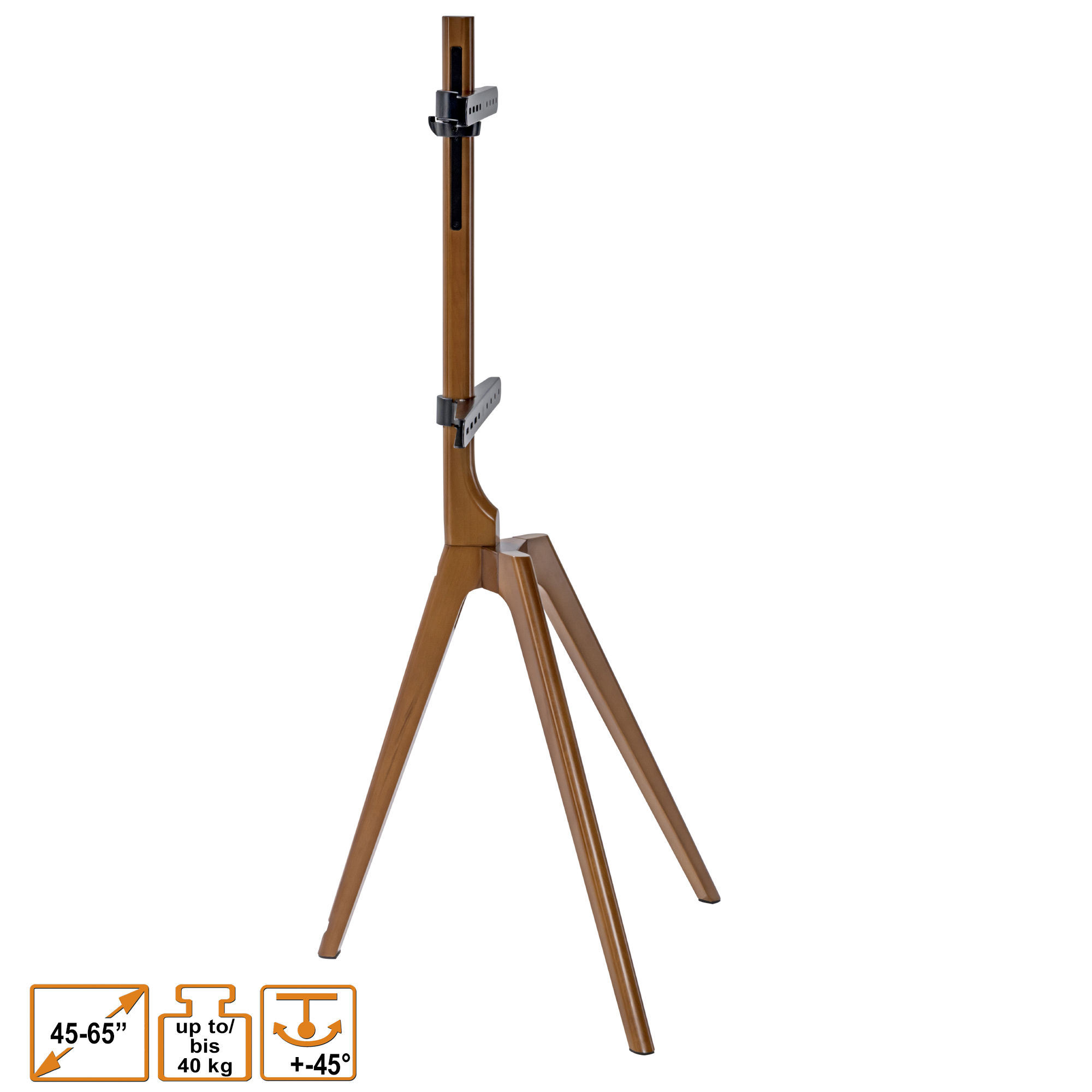 Ein TV-Ständer aus Holz mit drei Beinen. Er hat eine schwarze Halterung und steht vor weißem Hintergrund.
