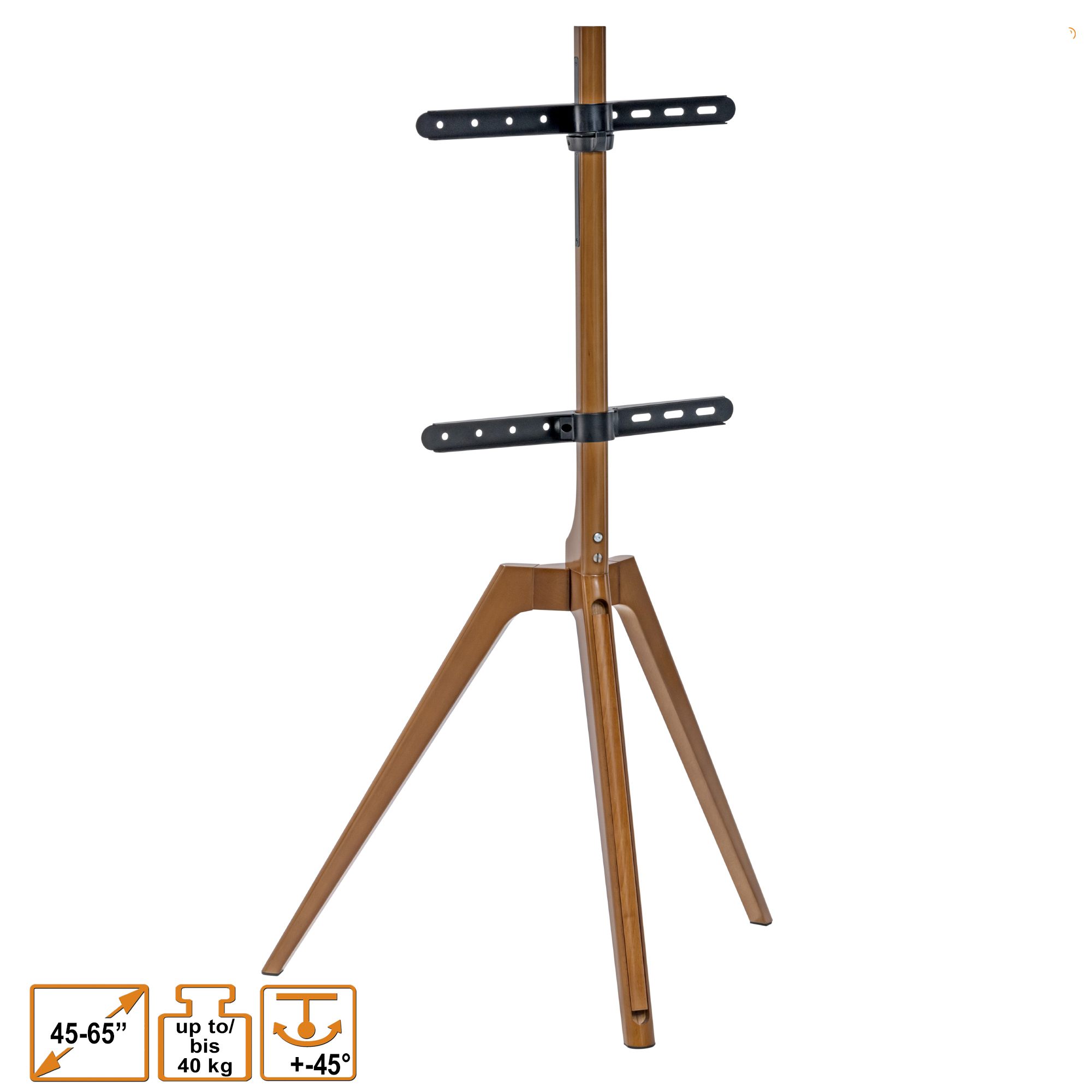TV-Ständer aus Holz. Er hat Halterungen für den Fernseher und Beine.