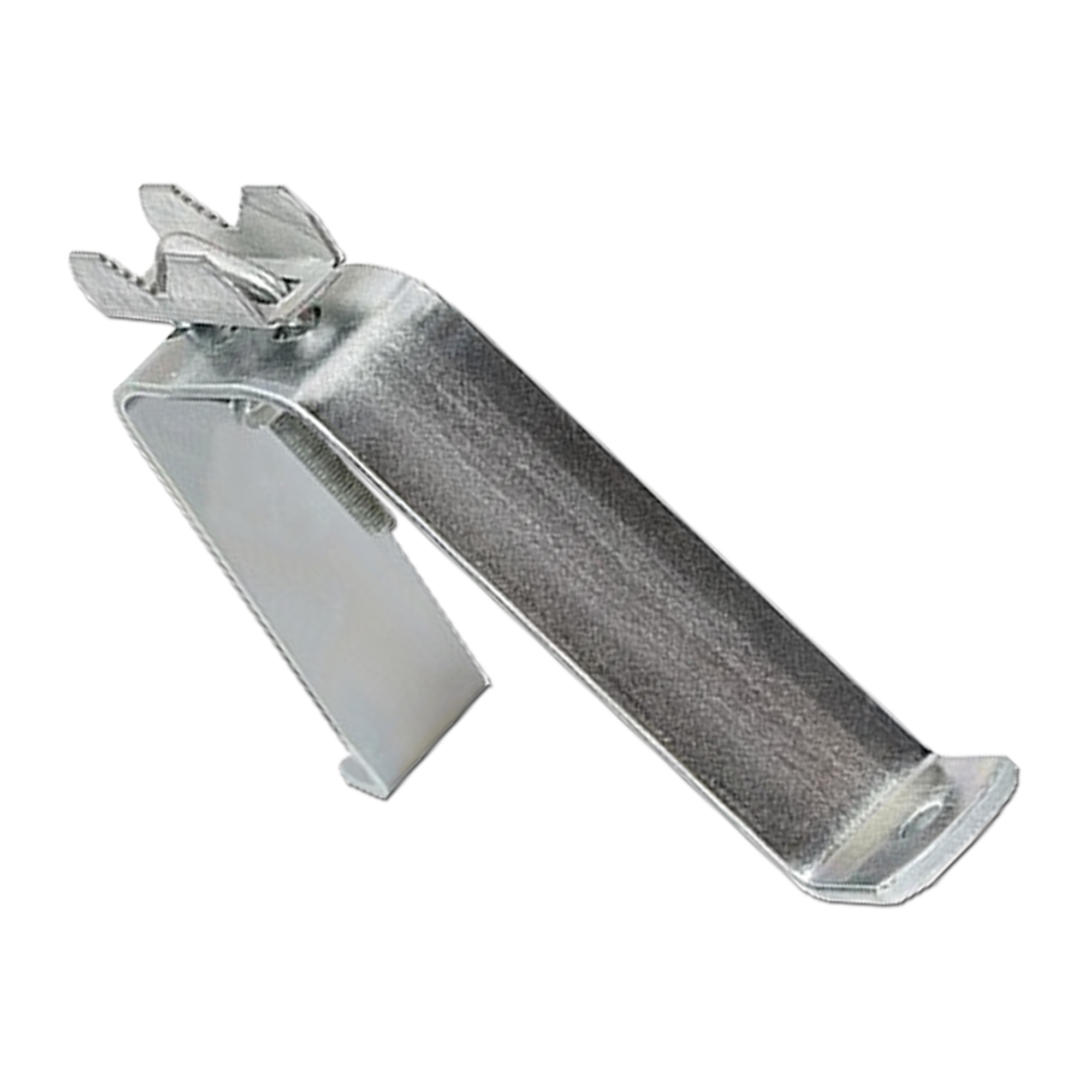 Eine silberne Metallklammer mit Flügelmutter auf weißem Hintergrund.