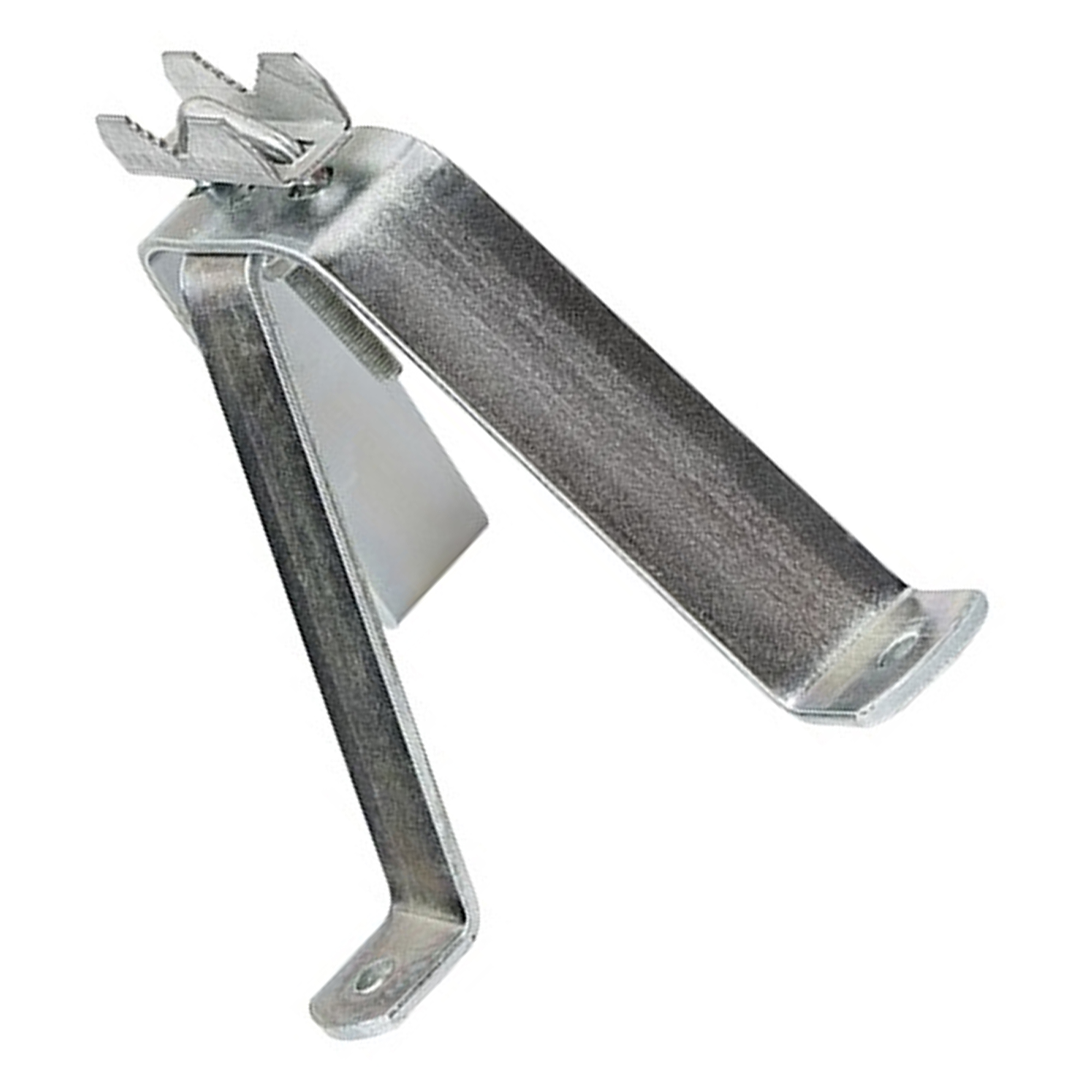 Silberne Metallhalterung mit klappbarem Oberteil und Basis mit Loch, isoliert auf Weiß.