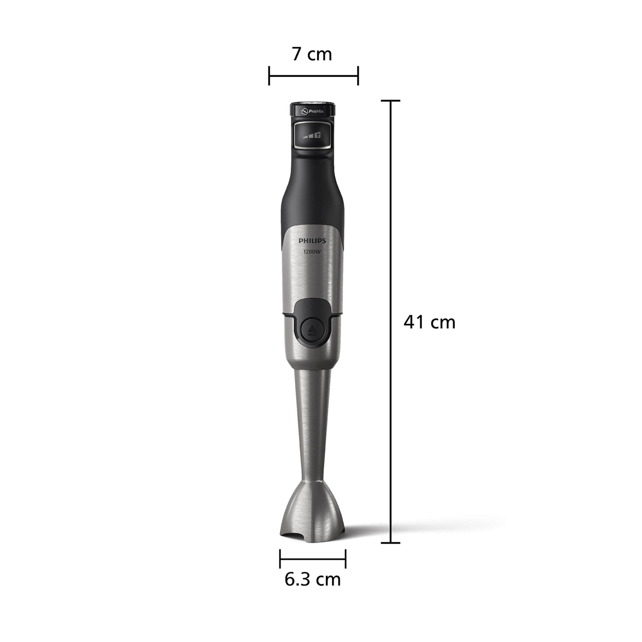 Stafmixer met afmetingen. RVS en zwart. 41 cm hoog.