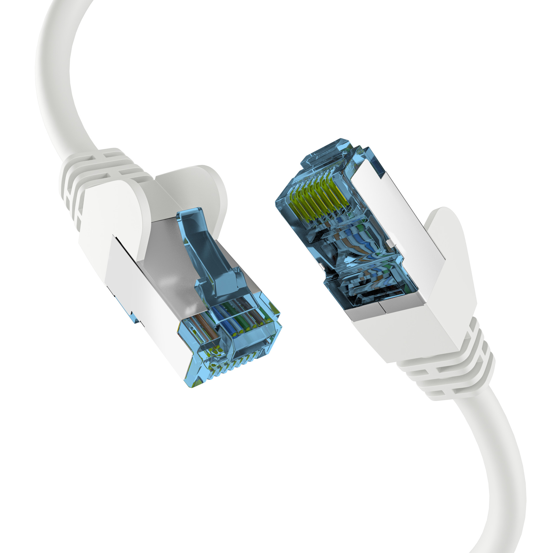 Zwei weiße Netzwerkkabel mit transparenten blauen Enden. Sie sind zueinander abgewinkelt.