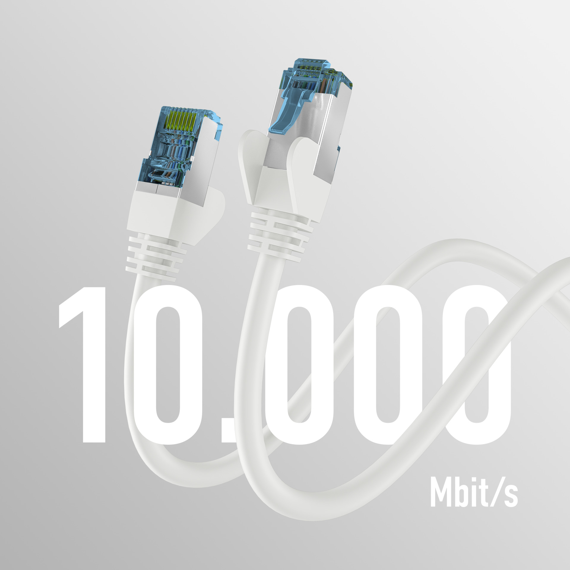 Zwei weiße Ethernet-Kabel mit blauen Steckern, mit Text über die Internetgeschwindigkeit.
