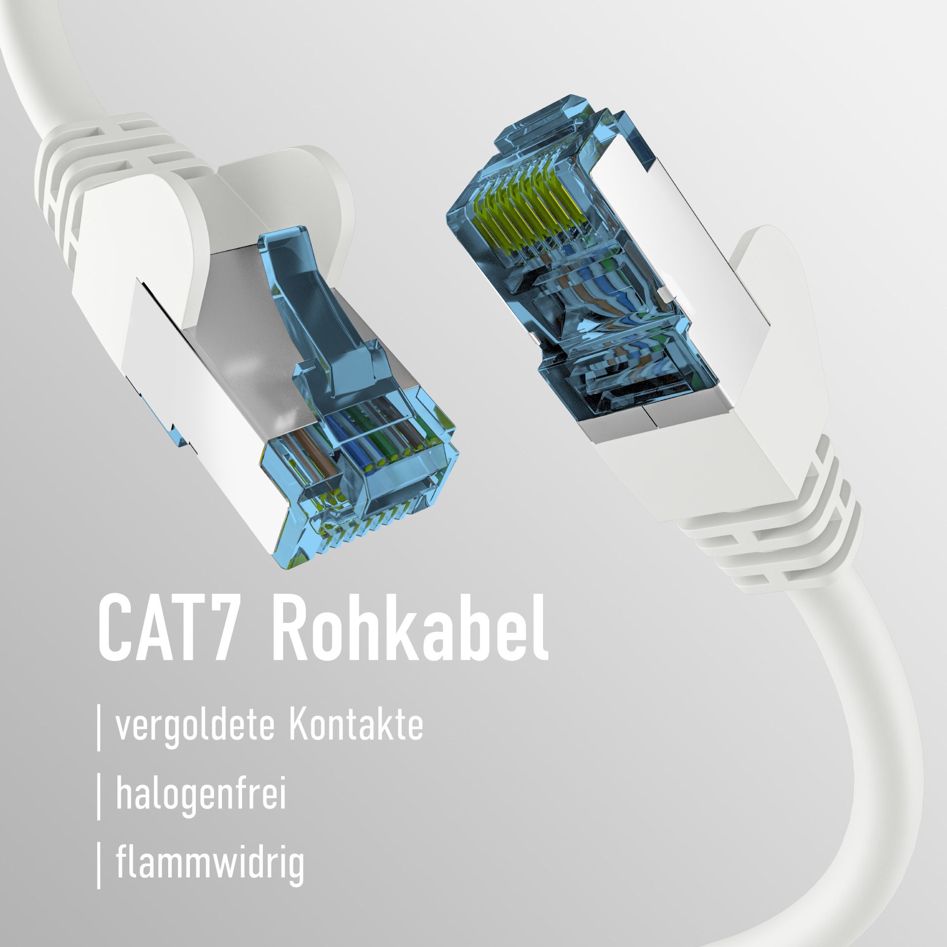 Zwei weiße Netzwerkkabel mit silbernen Steckern. Text sagt 'CAT7 Rohkabel' und Info unten.
