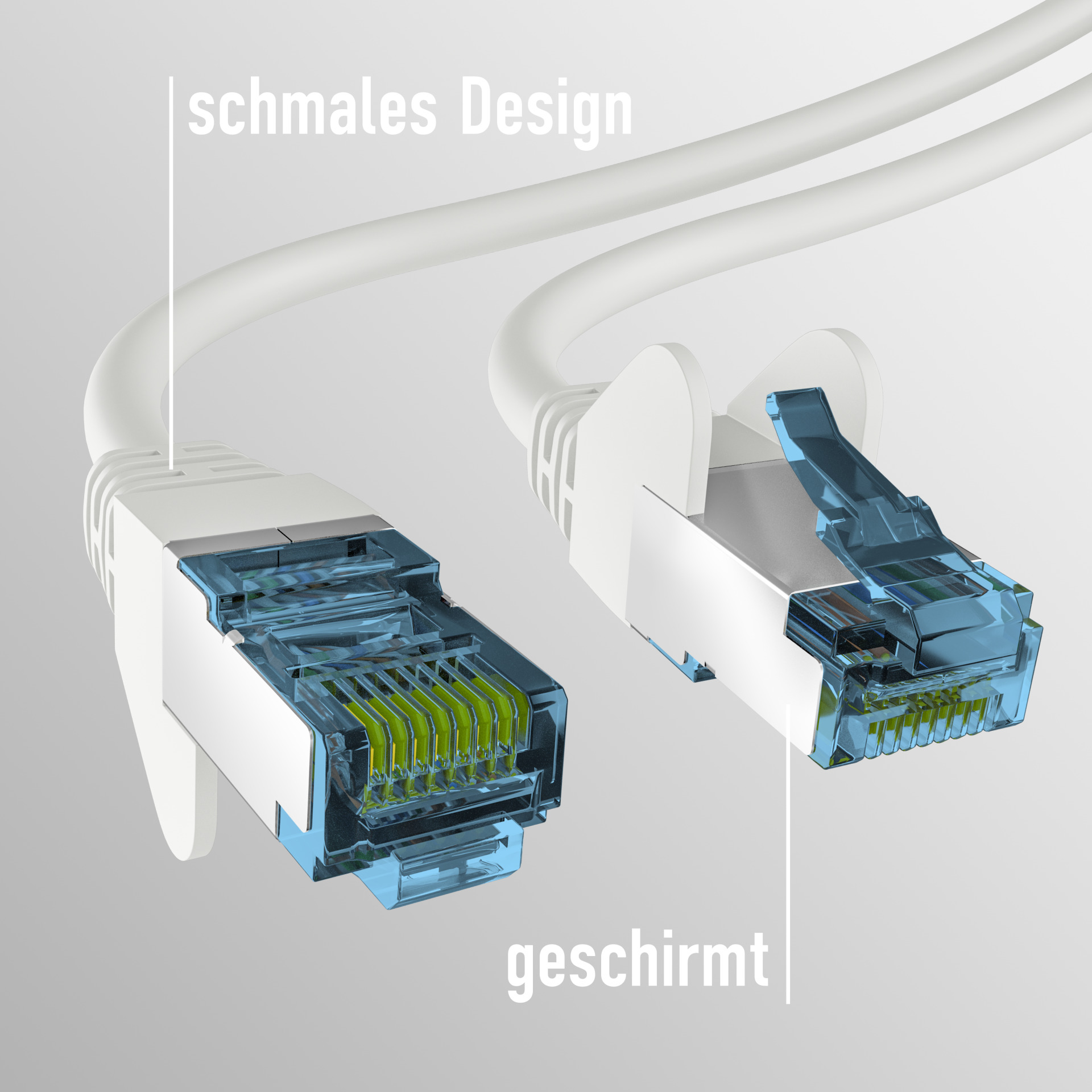 Nahaufnahme von Netzwerkkabelanschlüssen, Innenverdrahtung, 'geschirmt' und 'schmales Design'.