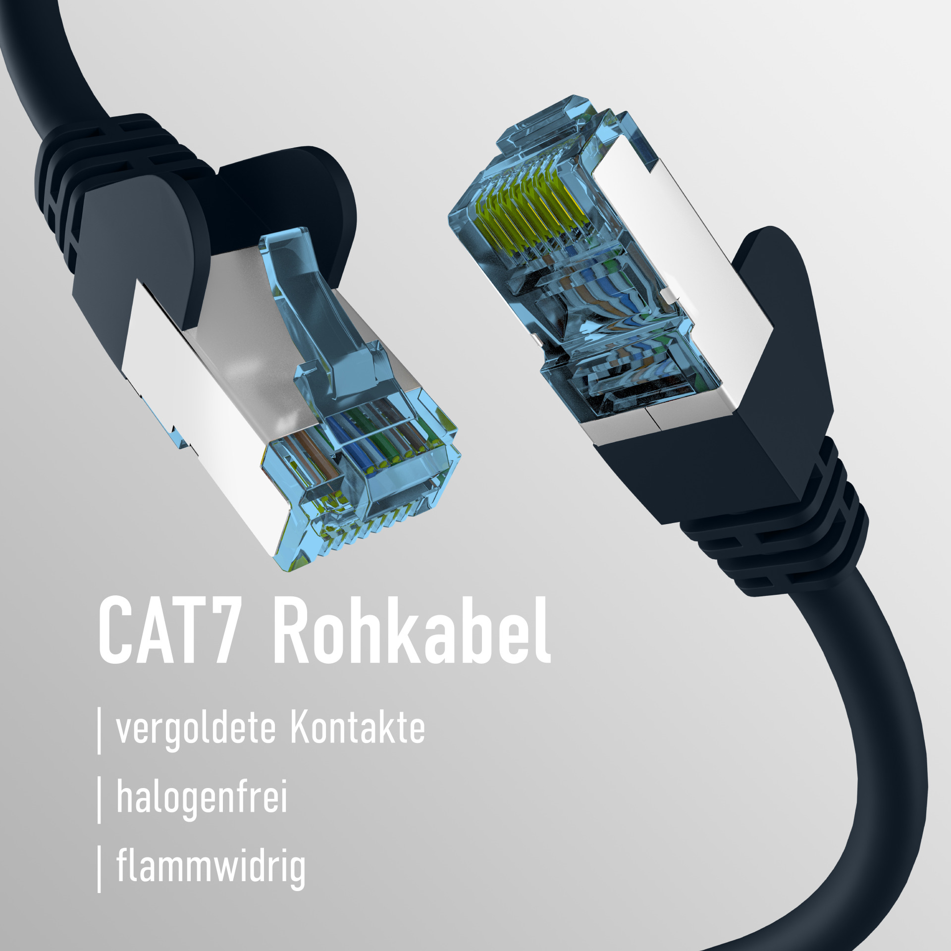 Nahaufnahme von zwei Netzwerkkabeln mit Steckern. Die Kabel sind schwarz, die Stecker silber.
