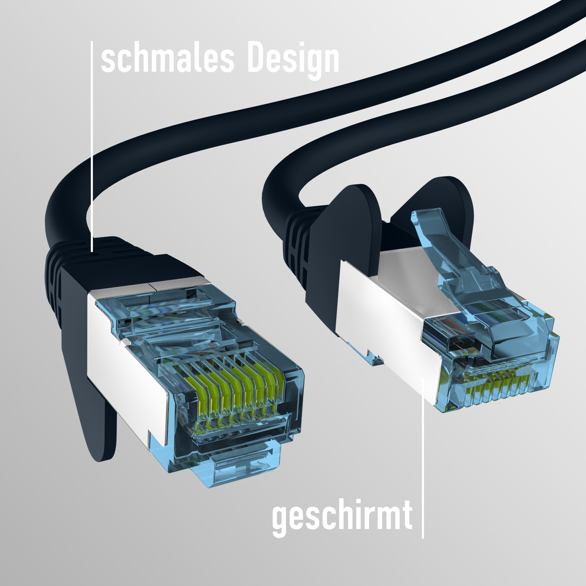 Netzwerkkabelanschlüsse. Einer ist aufgeschnitten. Der Hintergrund ist grau.