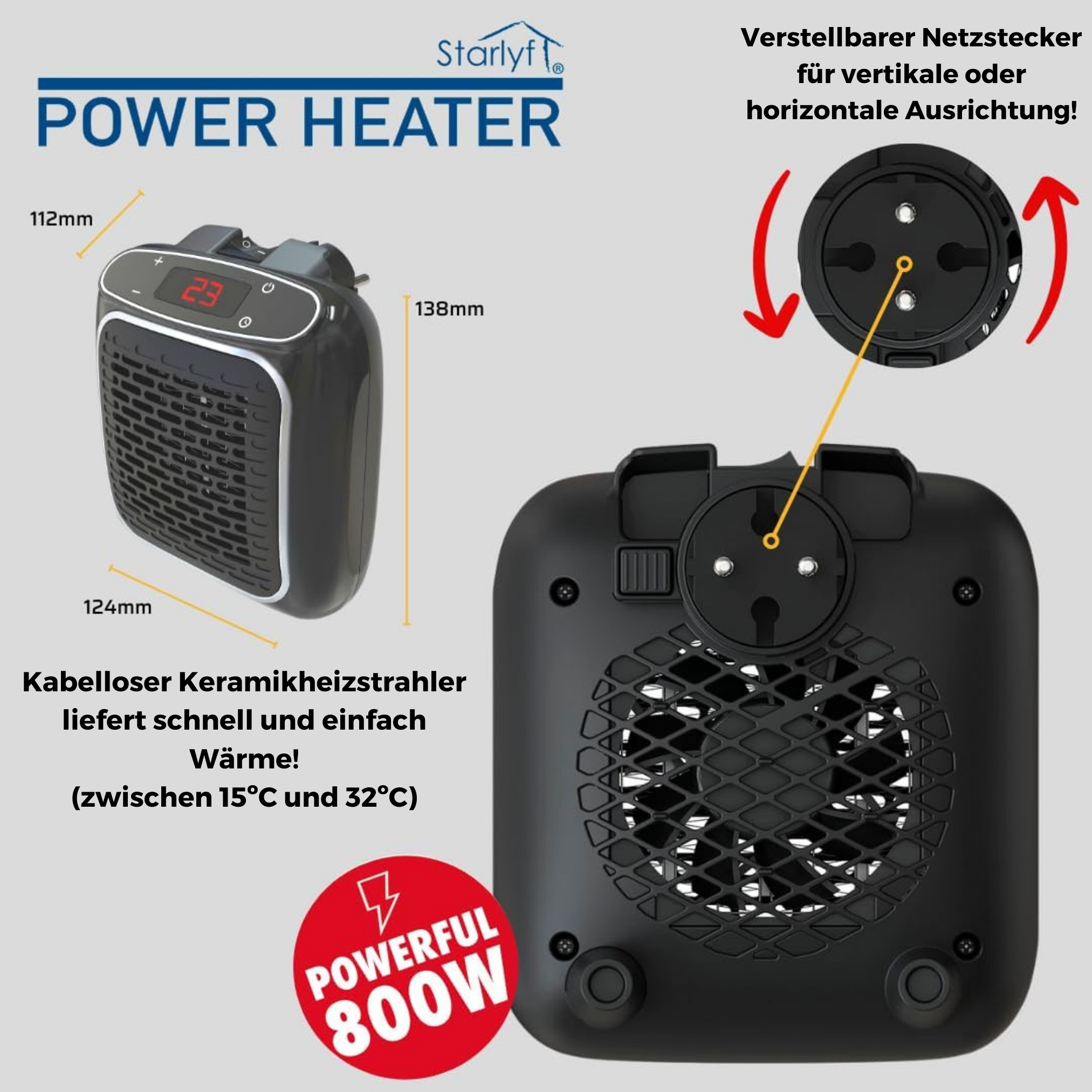 Schwarze Heizung mit Abmessungen und Diagramm des einstellbaren Steckers.