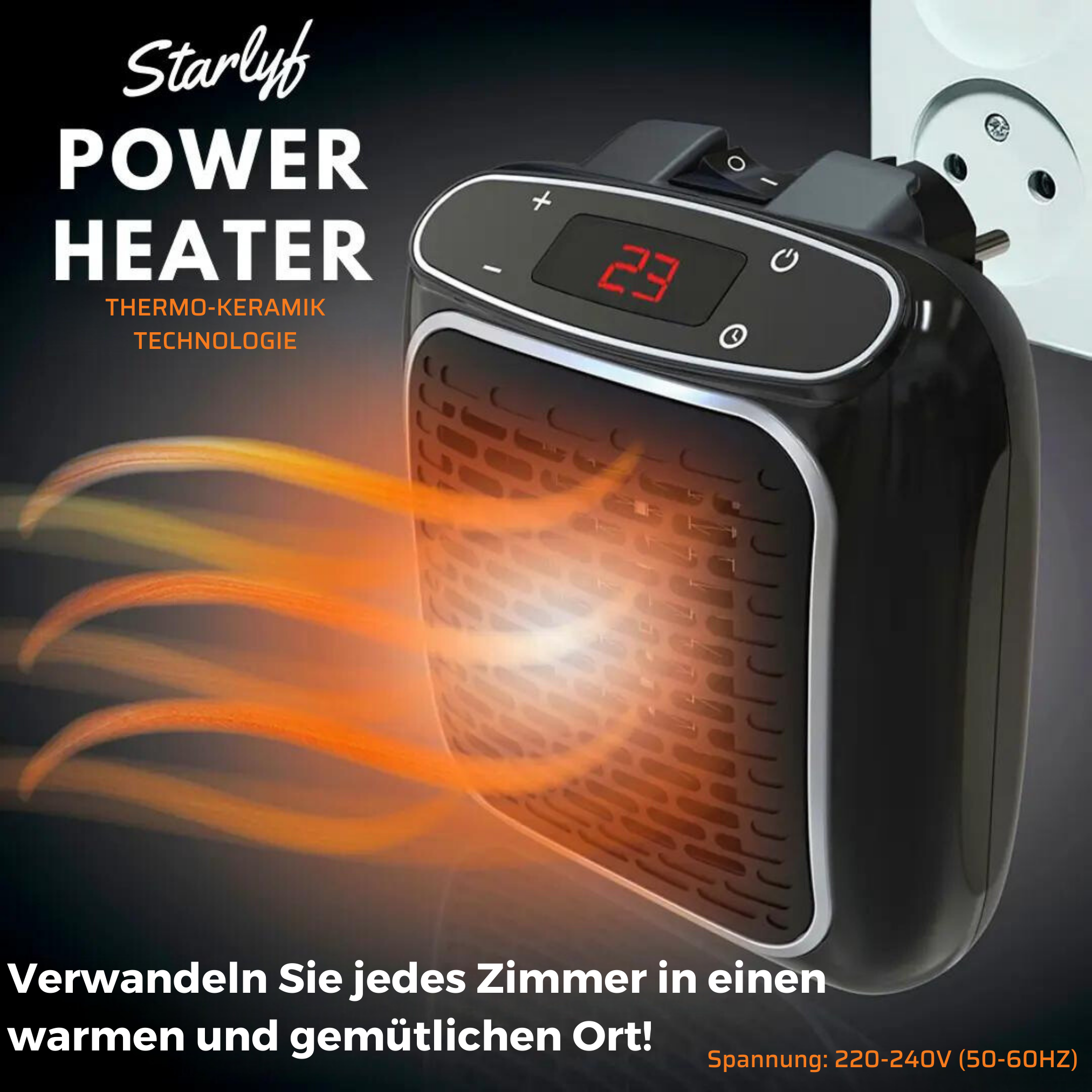 Schwarzer Heizlüfter mit Anzeige 23. Text: Power Heater. Starlyf-Logo.