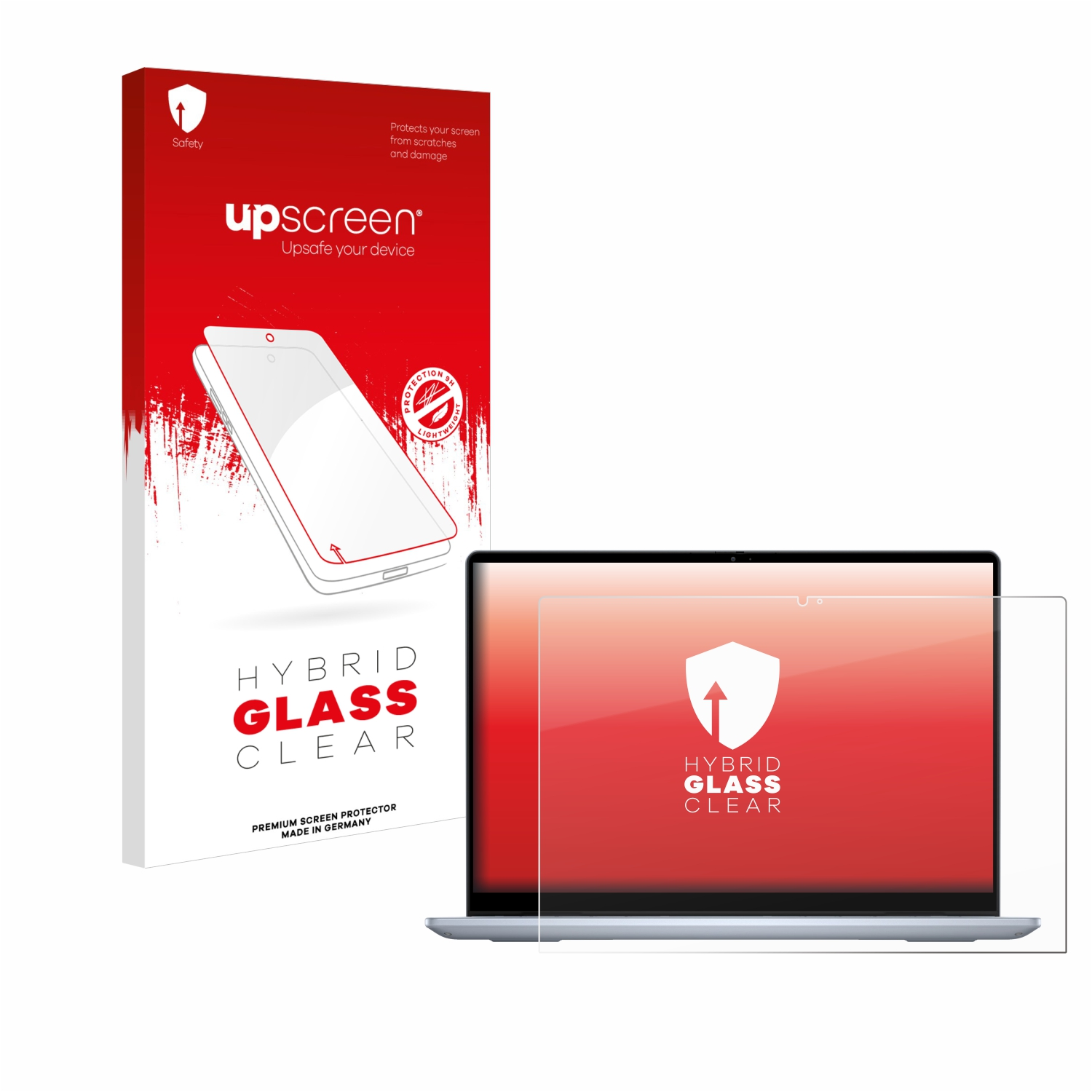 Displayschutzfolienverpackung und Laptop mit Schutzfolie. Gelb-weiße Verpackung links.