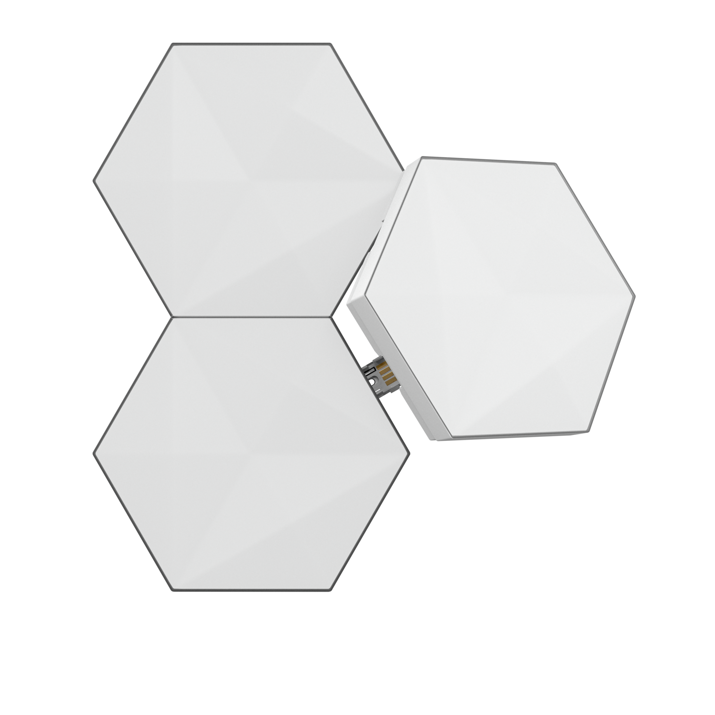 Drie witte zeshoekige wandlampen, verbonden, tegen een zwarte achtergrond, modern design.