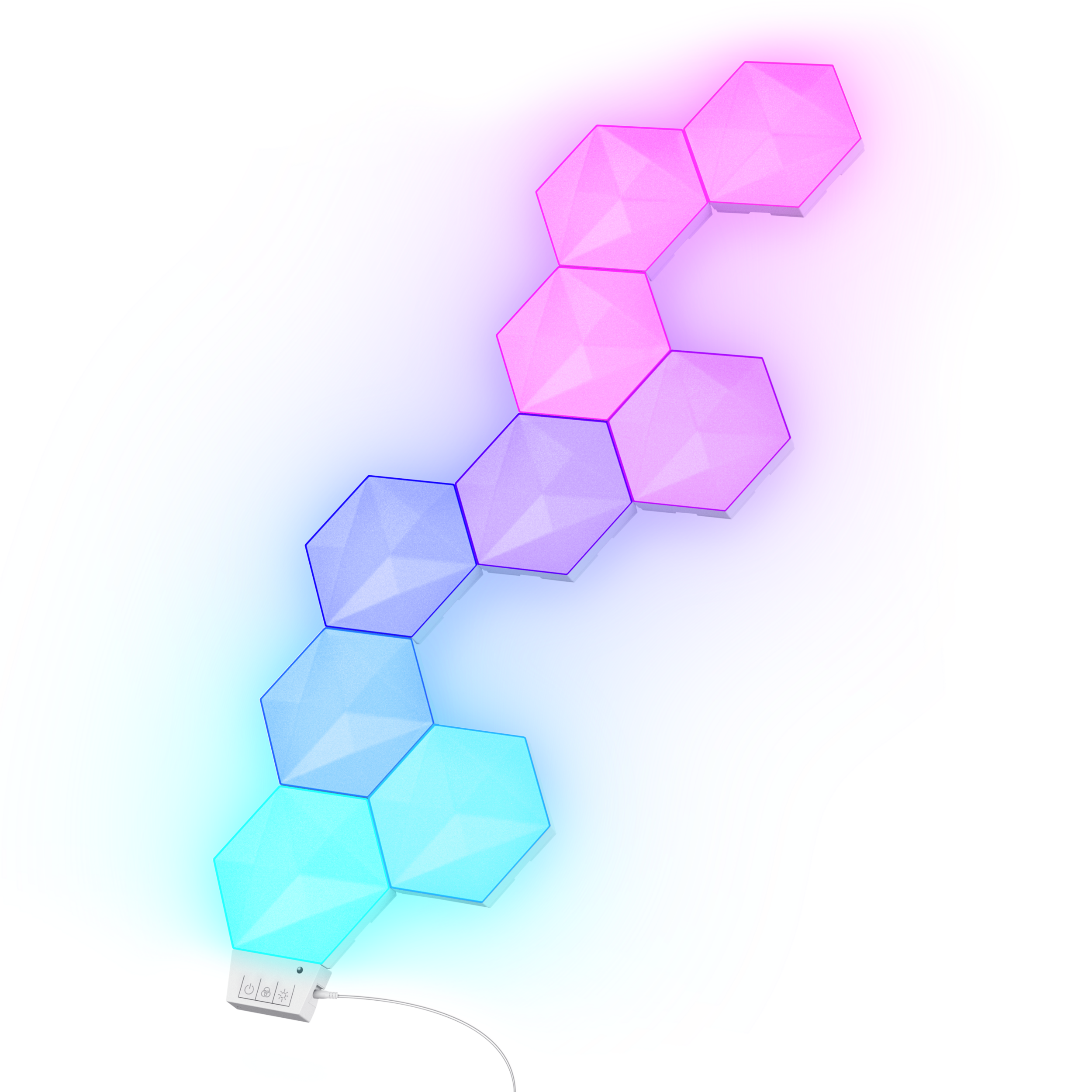 Sechseckige, verbundene LED-Leuchten. Pink, lila, blau und weiße Farben.