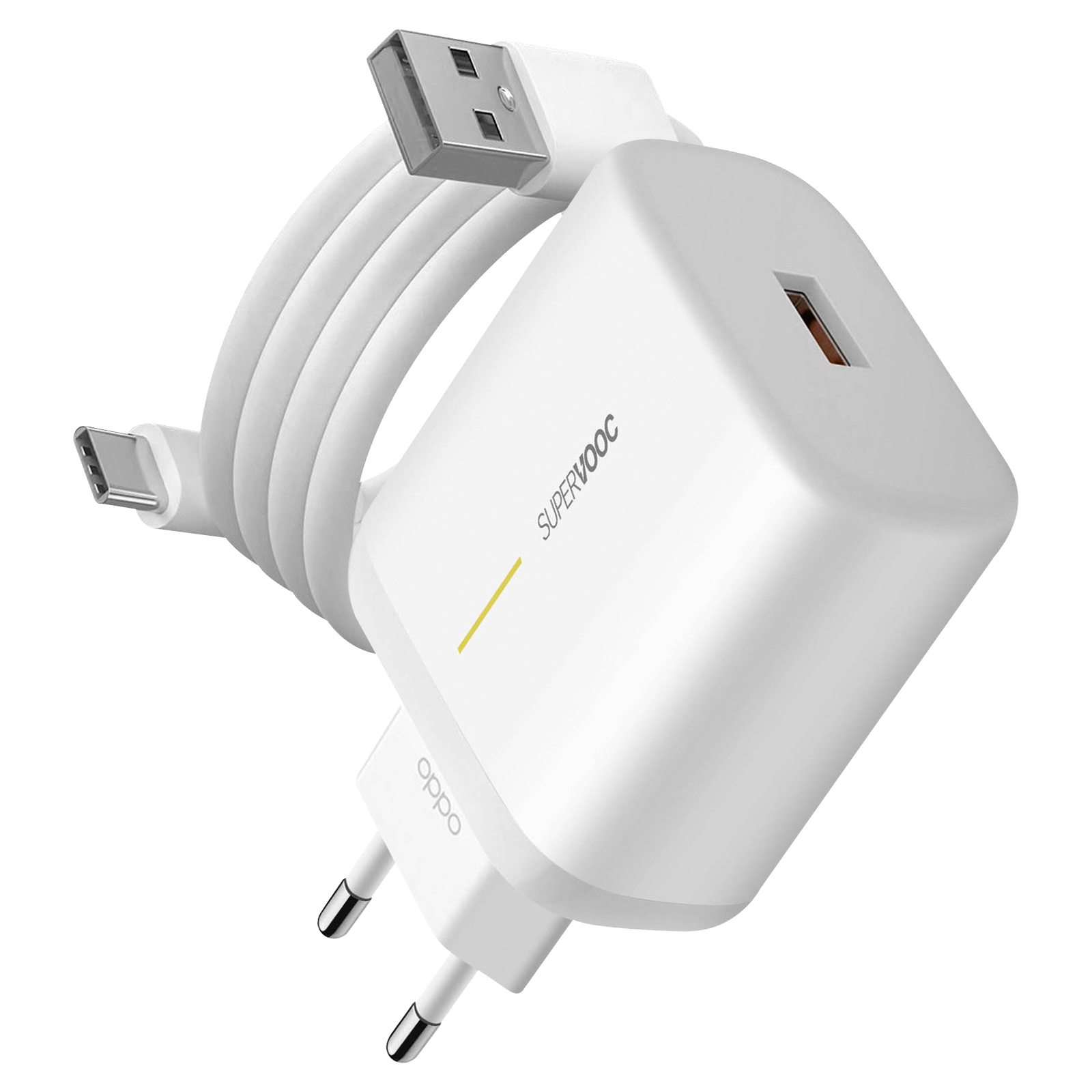 Caricatore SuperVOOC bianco con cavo USB e di tipo C e spina.