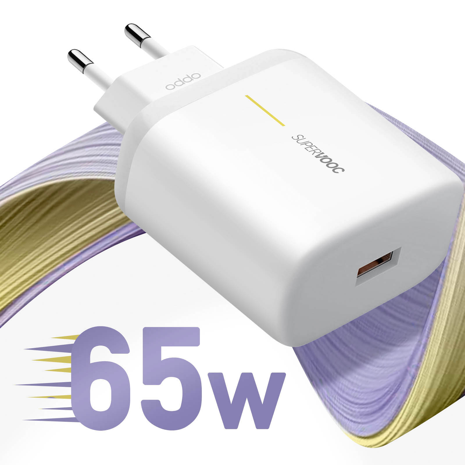 Caricabatterie bianco con striscia gialla, 65w e sfondo viola e giallo.