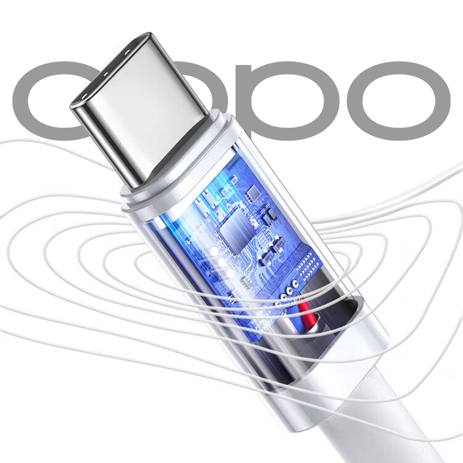 Un cavo USB-C, con un involucro trasparente che rivela i circuiti interni. Il cavo è bianco.