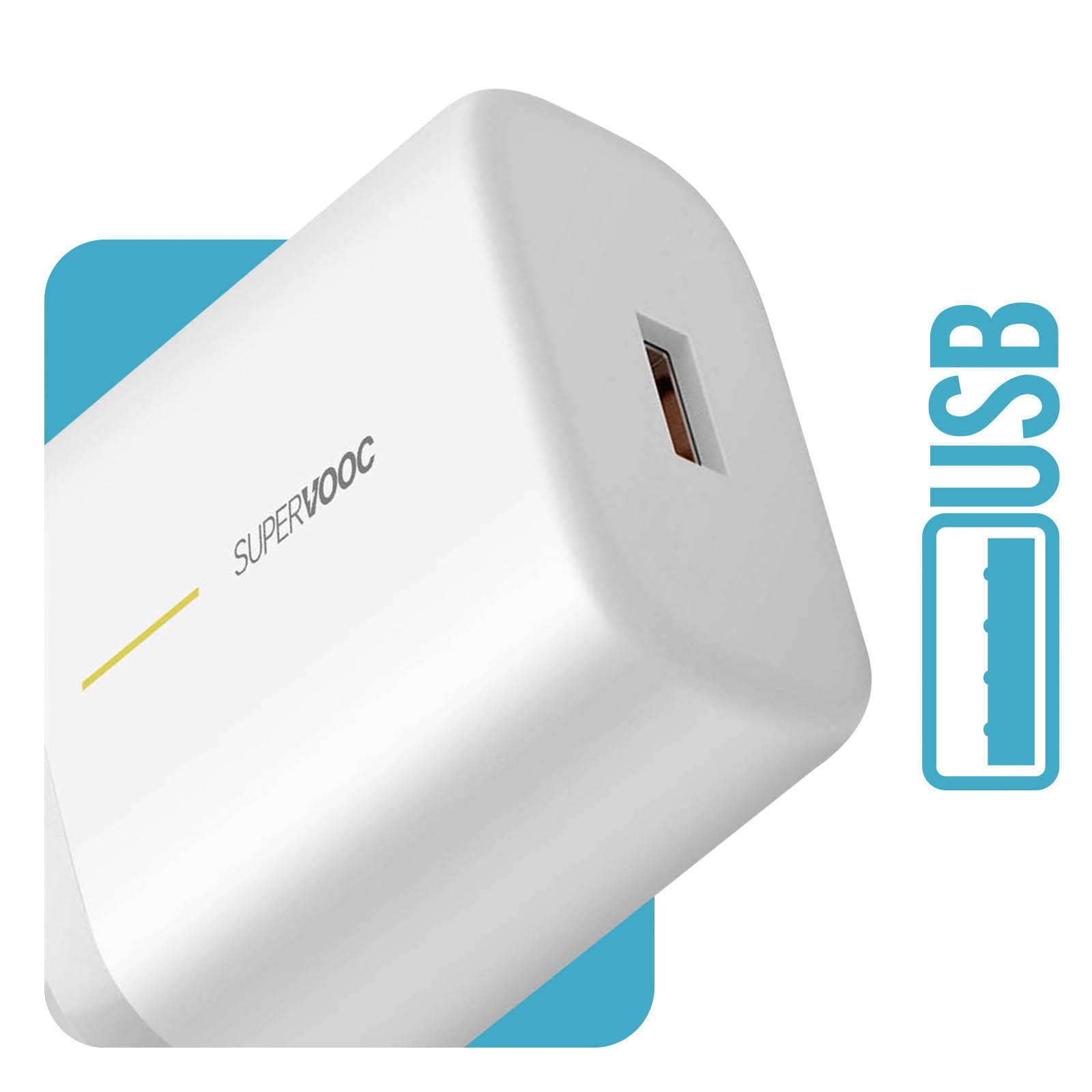 Un caricabatterie USB bianco con una porta USB. È su uno sfondo quadrato blu.